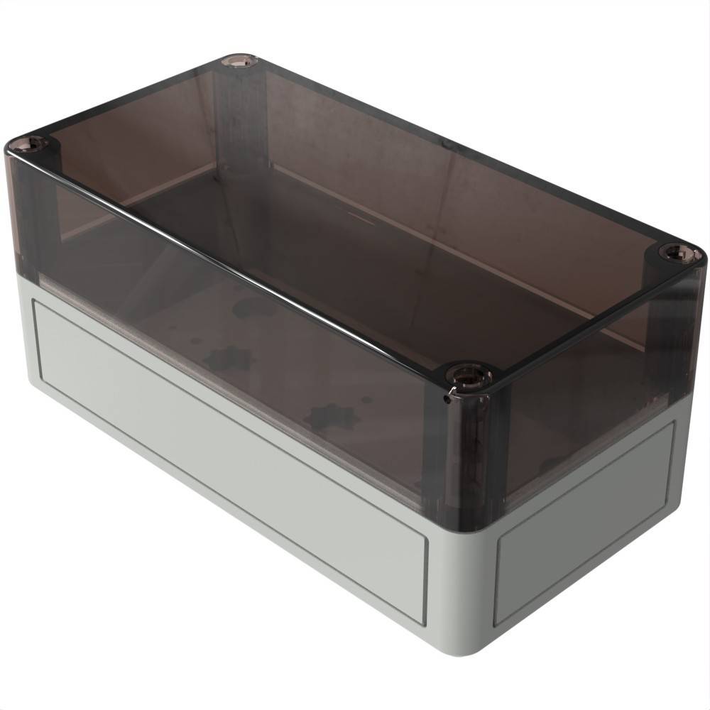 Ein rechteckiges, transparentes Kunststoffgehäuse mit grauer Basis, typischerweise zur Unterbringung elektronischer Komponenten oder Schaltkreise verwendet.