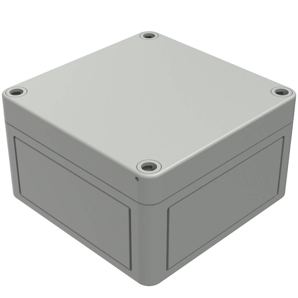 Ein quadratischer, schlichter, hellgrauer Elektroverteilerkasten mit glatter Oberfläche und abgerundeten Ecken, aus einem Winkel betrachtet.