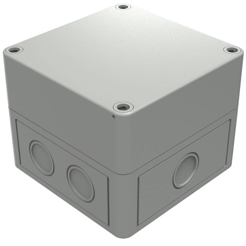 Eine graue Kunststoff-Elektroverteilerdose mit kreisförmigen Verschlussöffnungen an den Seiten, verwendet zum Schutz von Drahtverbindungen.