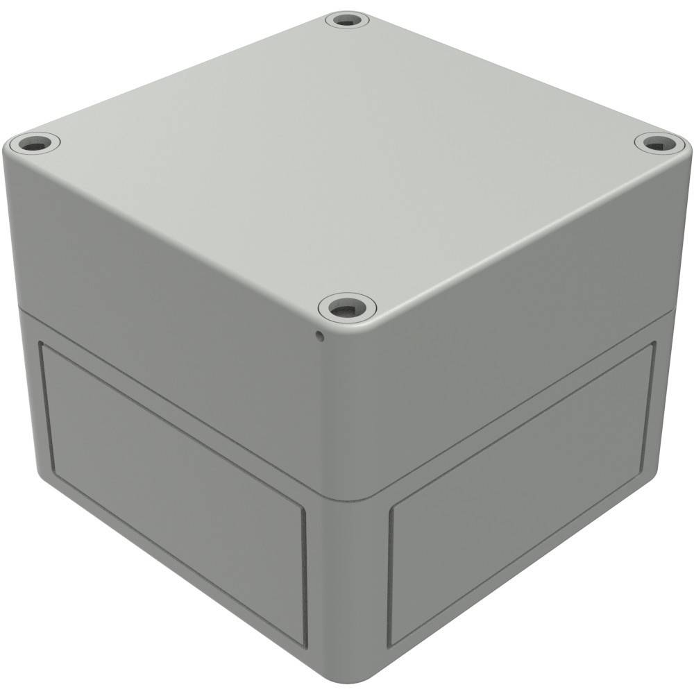 Eine graue, rechteckige Kunststoff-Elektroverteilerdose mit vier Schrauchlöchern in den Ecken, die zur Aufnahme von Leitungen und Verbindungen verwendet wird.