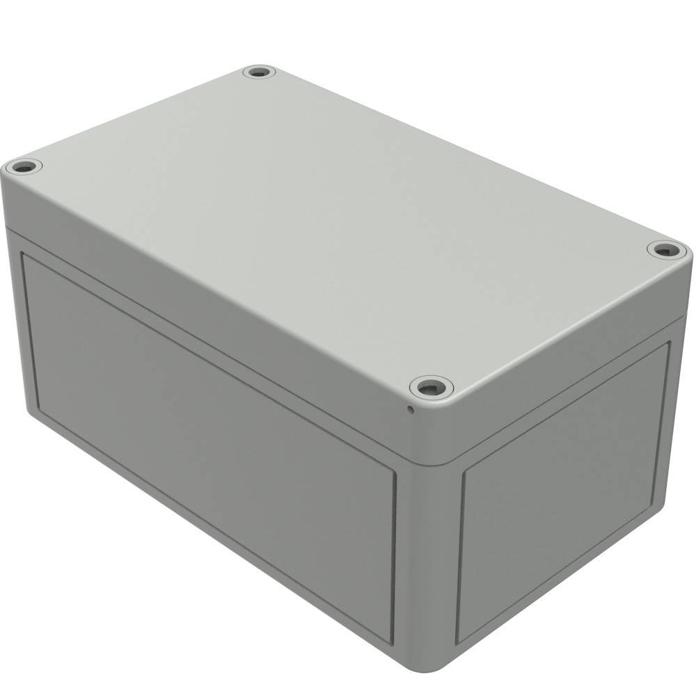Eine graue rechteckige Metallbox mit abgerundeten Ecken und Schrauben oben, verwendet für elektronische Komponenten oder Verbindungen.