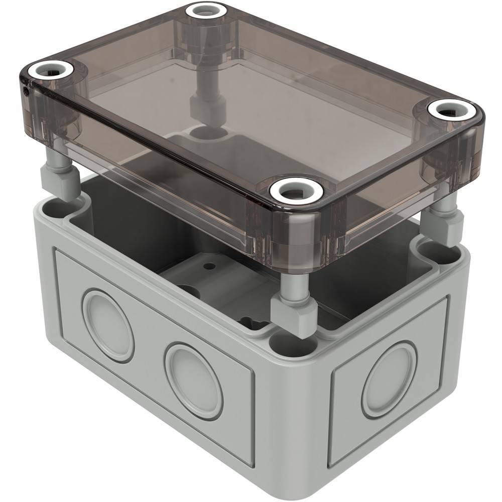 Graue Kunststoff-Elektroverteilerdose mit transparentem Deckel, mit Dichtungen und Kabeleinführungsstellen an den Seiten.