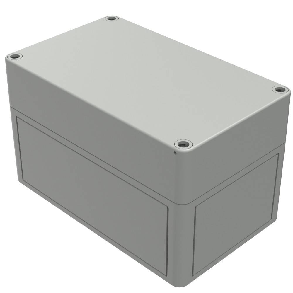 Ein graues rechteckiges Elektroverteilungsgehäuse mit sichtbaren Schrauben an den Ecken. Geeignet zum Schutz von Außen- oder Innenleitungen.