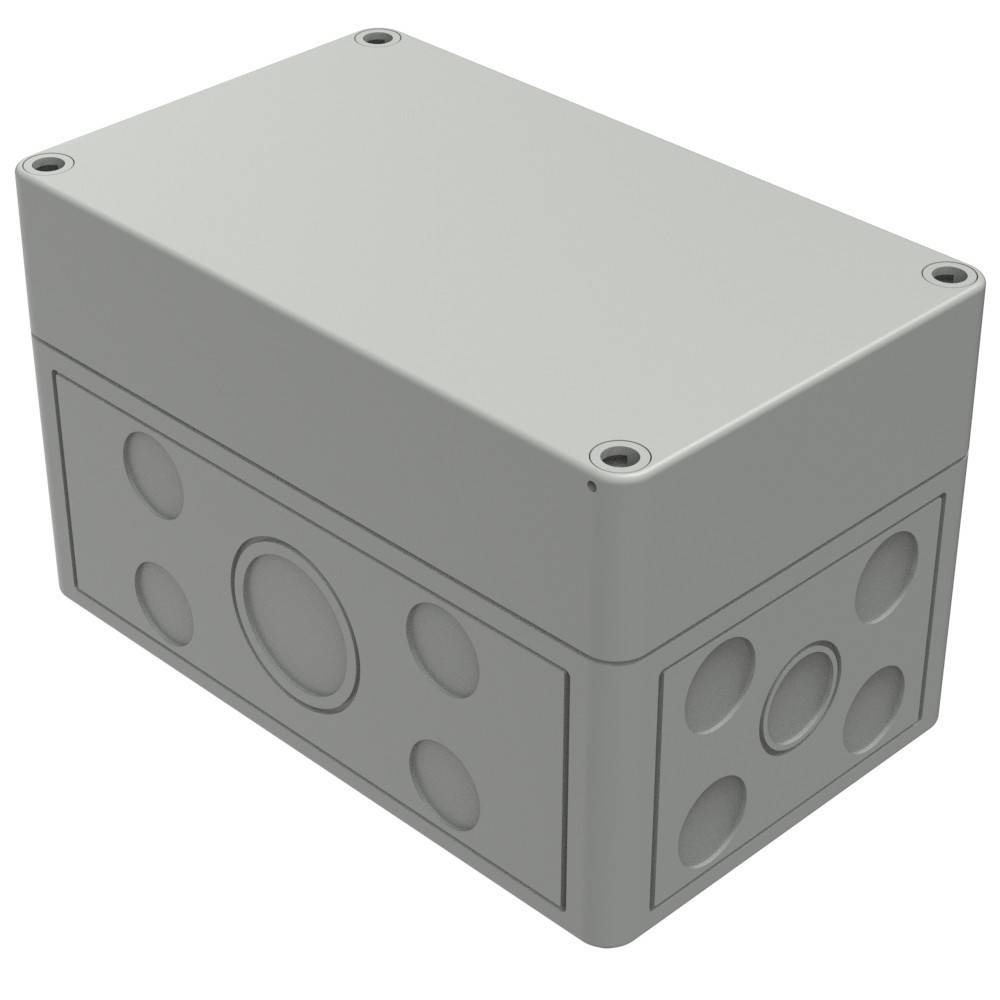 Eine graue elektrische Verteilerdose mit mehreren kreisförmigen Verschlussstöpseln an den Seiten, die in elektrischen Installationen zur Organisierung der Verkabelung verwendet wird.