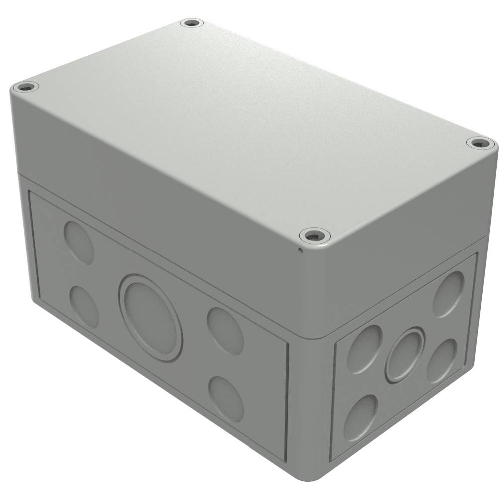 Eine graue rechteckige elektrische Verteilerdose mit mehreren kreisförmigen Kabeleinführungen an ihren Seiten.
