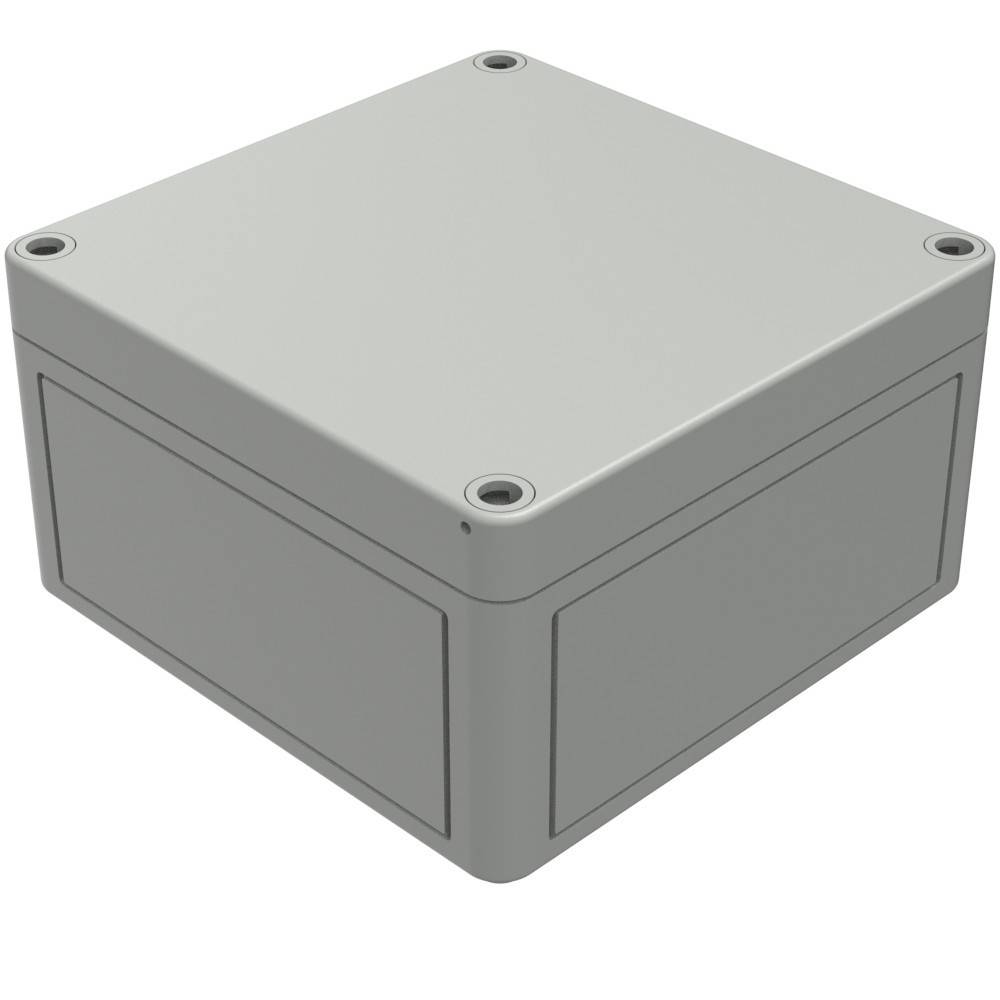 Eine graue elektrische Verteilerdose mit glatter Oberfläche und abgerundeten Ecken.