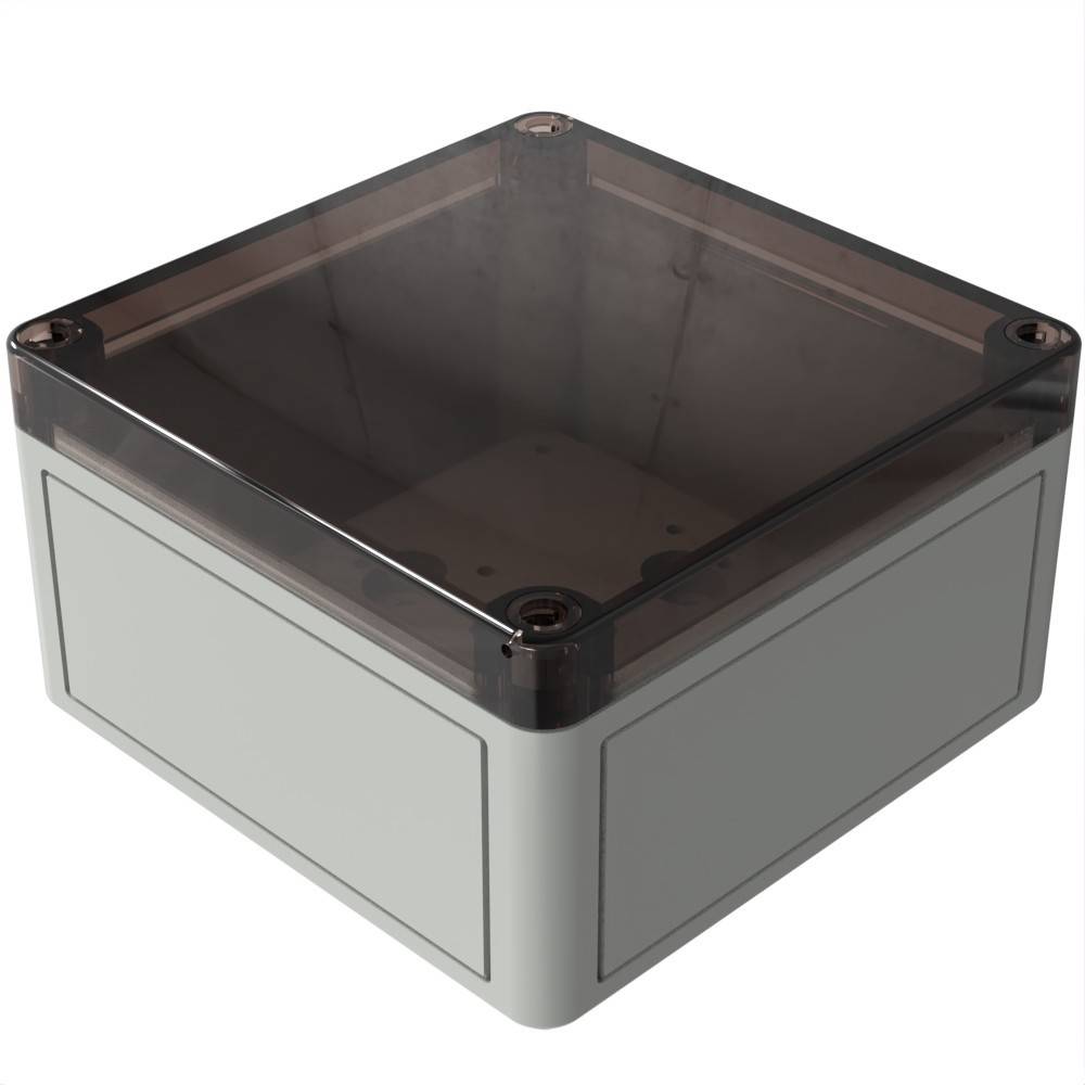 Ein kleines, quadratisches, graues Kunststoffgehäuse mit transparentem Deckel, konzipiert zur Unterbringung von elektronischen Komponenten oder Verkabelung.