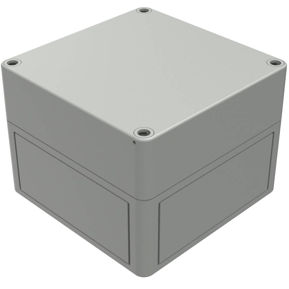 Eine graue, quadratische elektrische Verteilerdose mit abgerundeten Ecken und Schraubenlöchern an jeder Ecke, die zum Schutz und zur Unterbringung von Verdrahtungsverbindungen verwendet wird.