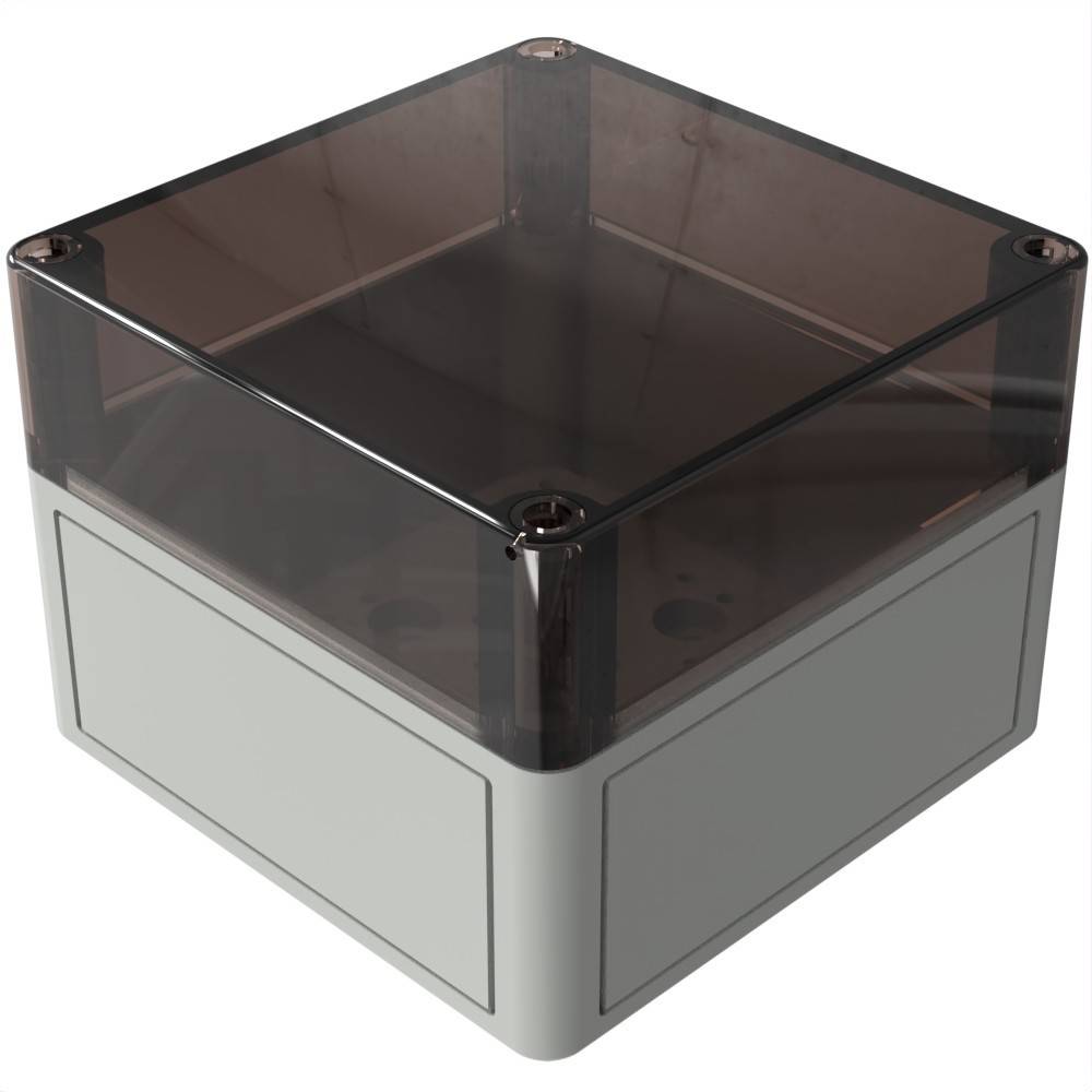 Ein quadratischer, transparenter Kunststoffbehälter mit grauem Boden, häufig zur Lagerung von elektronischen oder kleinen mechanischen Teilen verwendet.