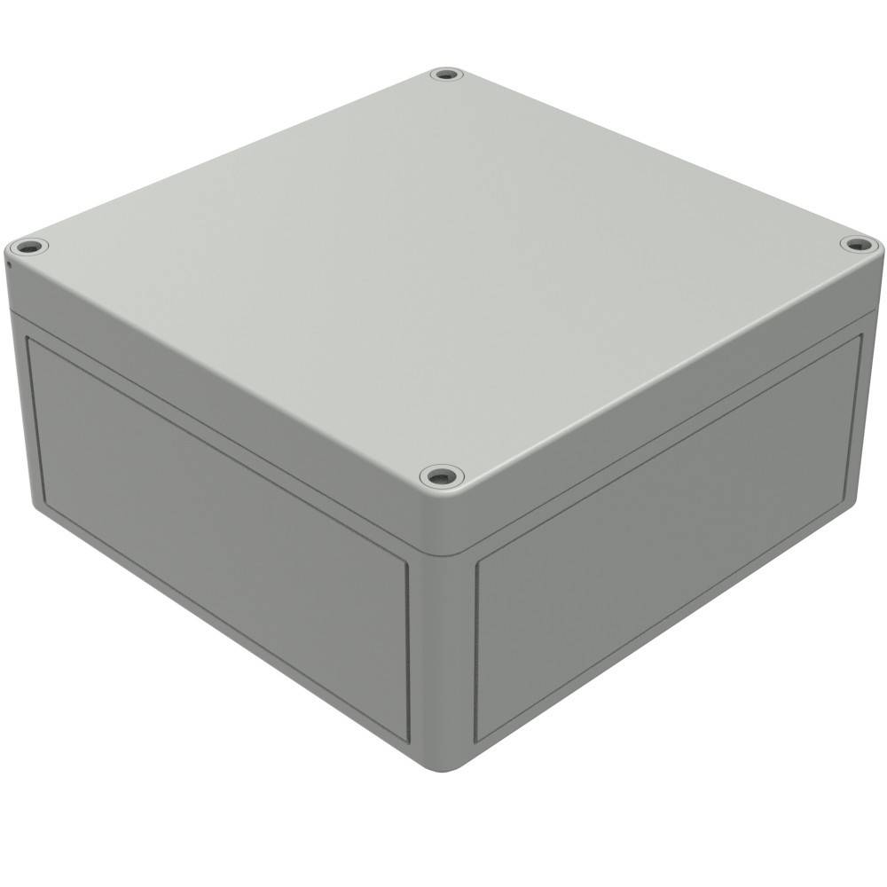 Ein graues, rechteckiges Kunststoffgehäuse mit sichtbaren Schrauben an den Ecken, das zur Unterbringung von elektronischen Komponenten oder Verkabelung verwendet wird.