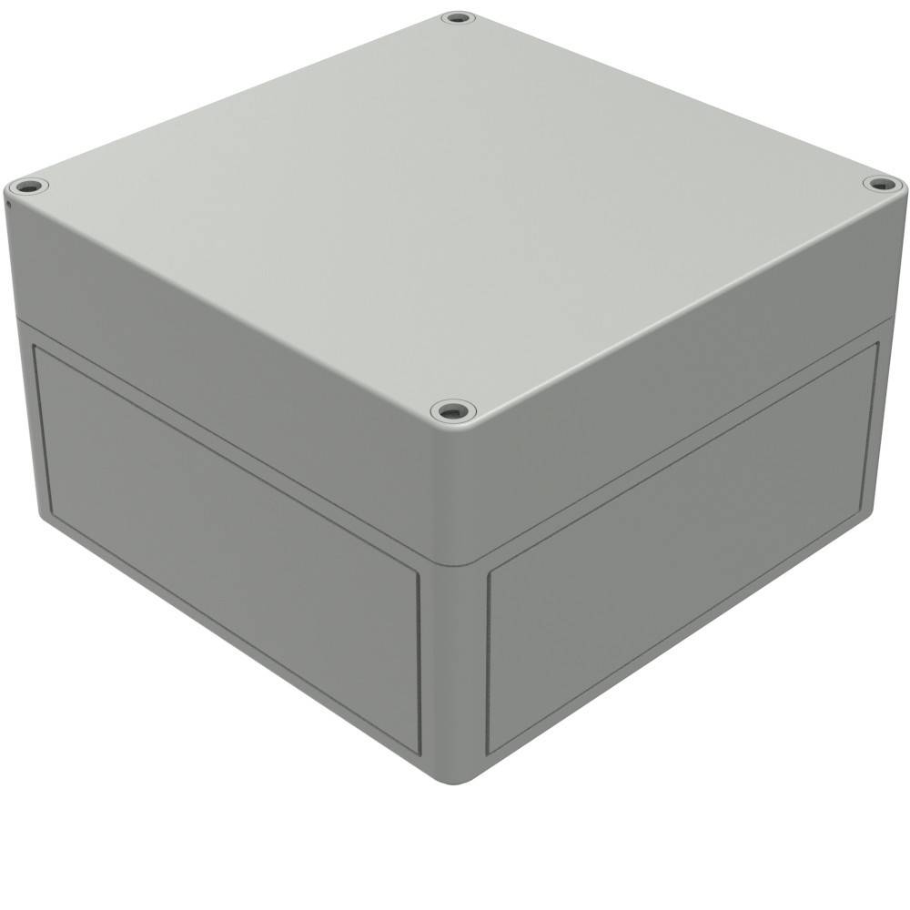 Ein graues, quadratisches Kunststoff-Gehäusekästchen mit abgerundeten Ecken, geeignet zur Unterbringung von Elektronikelementen. Das Kästchen hat vier Schraubenlöcher auf der Oberseite.
