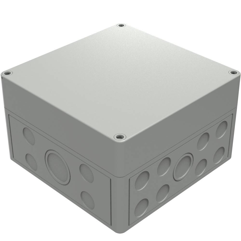 Eine graue elektrische Verteilerdose mit mehreren kreisförmigen Verschlussöffnungen an den Seiten für den Zugang zur Verkabelung.