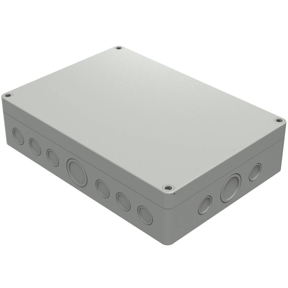 Ein rechteckiger grauer elektrischer Verteilkasten mit mehreren kreisförmigen Ausbruchöffnungen an seinen Seiten und Oberseite, verwendet zum Gehäuse und zum Schutz von Verdrahtungsverbindungen.