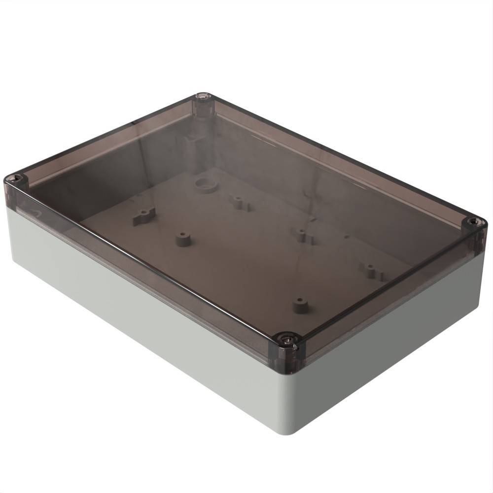 Ein rechteckiges, transparentes Kunststoffgehäuse mit getöntem dunklem Deckel, das zur Unterbringung und zum Schutz elektronischer Komponenten verwendet wird.