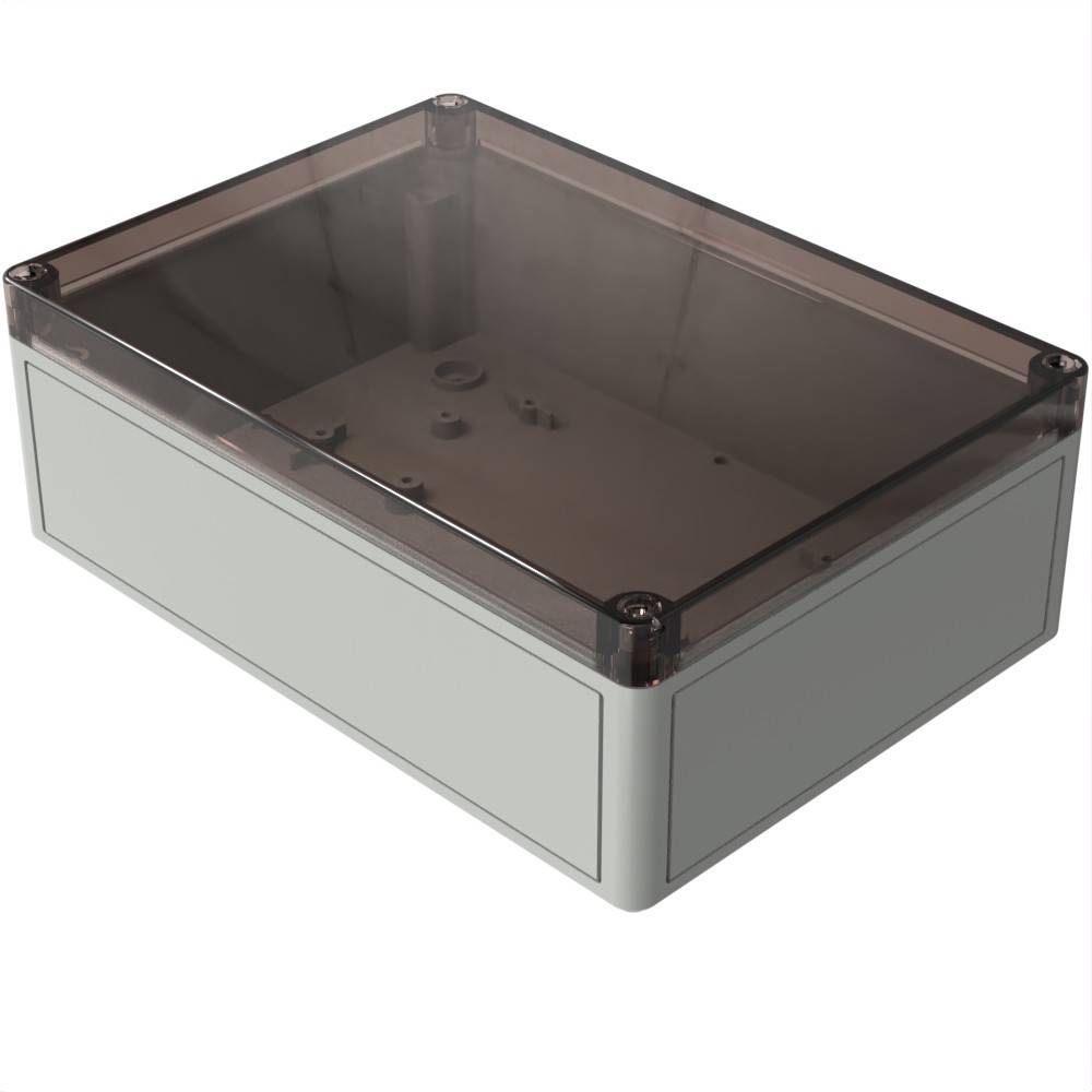 Ein rechteckiges, transparentes, dunkel getöntes Kunststoffgehäuse mit einer hellen Grundfläche, geeignet zur Unterbringung elektronischer Komponenten.