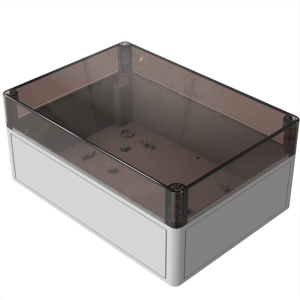 Ein grauer rechteckiger elektronischer Schaltschrank mit transparentem Deckel, ausgestattet mit Eckschrauben und internen Befestigungspunkten.