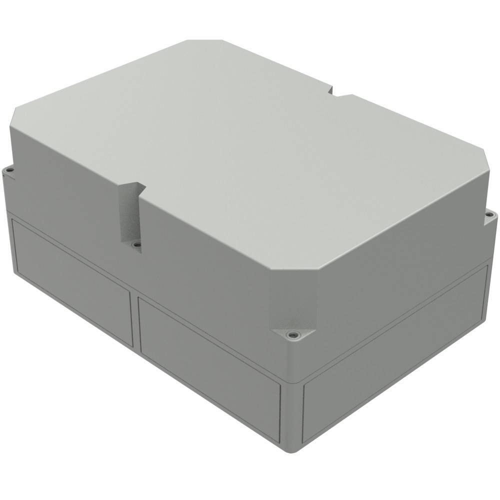 Eine rechteckige, graue elektrische Verteilerdose mit glatter Oberfläche und Befestigungslöchern, die zur Unterbringung elektronischer Komponenten konzipiert ist.