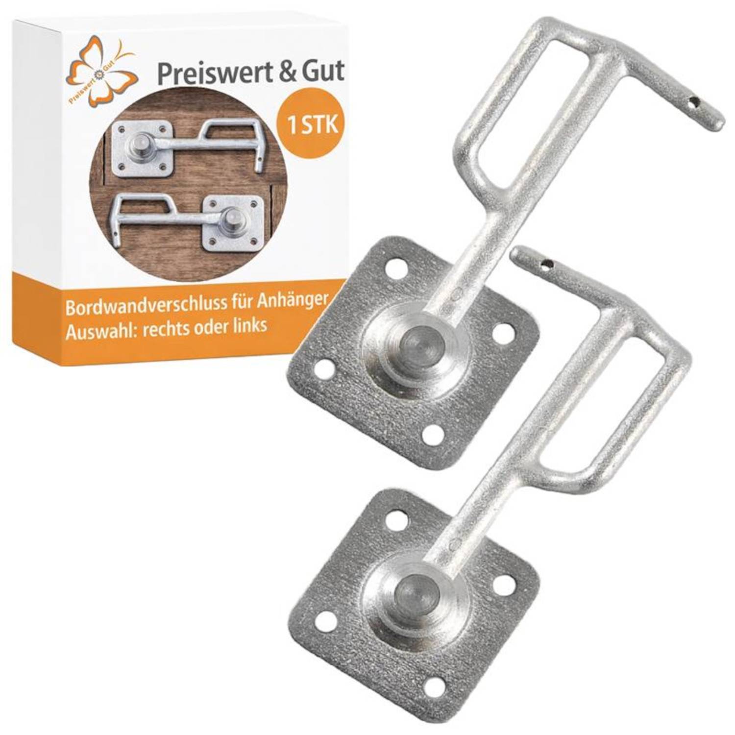 Verpackung und zwei Metallanhängerkupplungen mit Griffen, gekennzeichnet mit „Preiswert & Gut