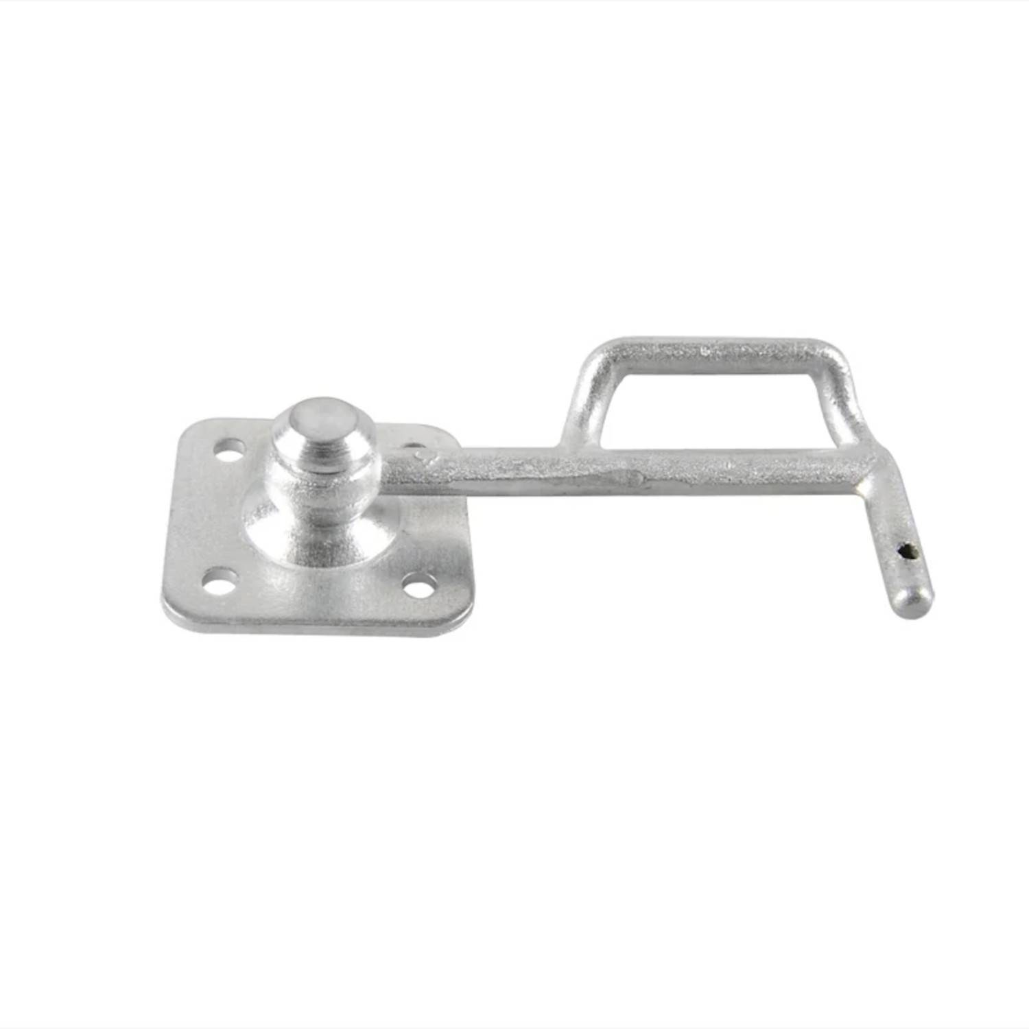 Ein Metallriegel mit rechteckiger Grundfläche mit vier Schraubenlöchern und einem beweglichen Hebel, verwendet zum Sichern von Türen oder Toren.