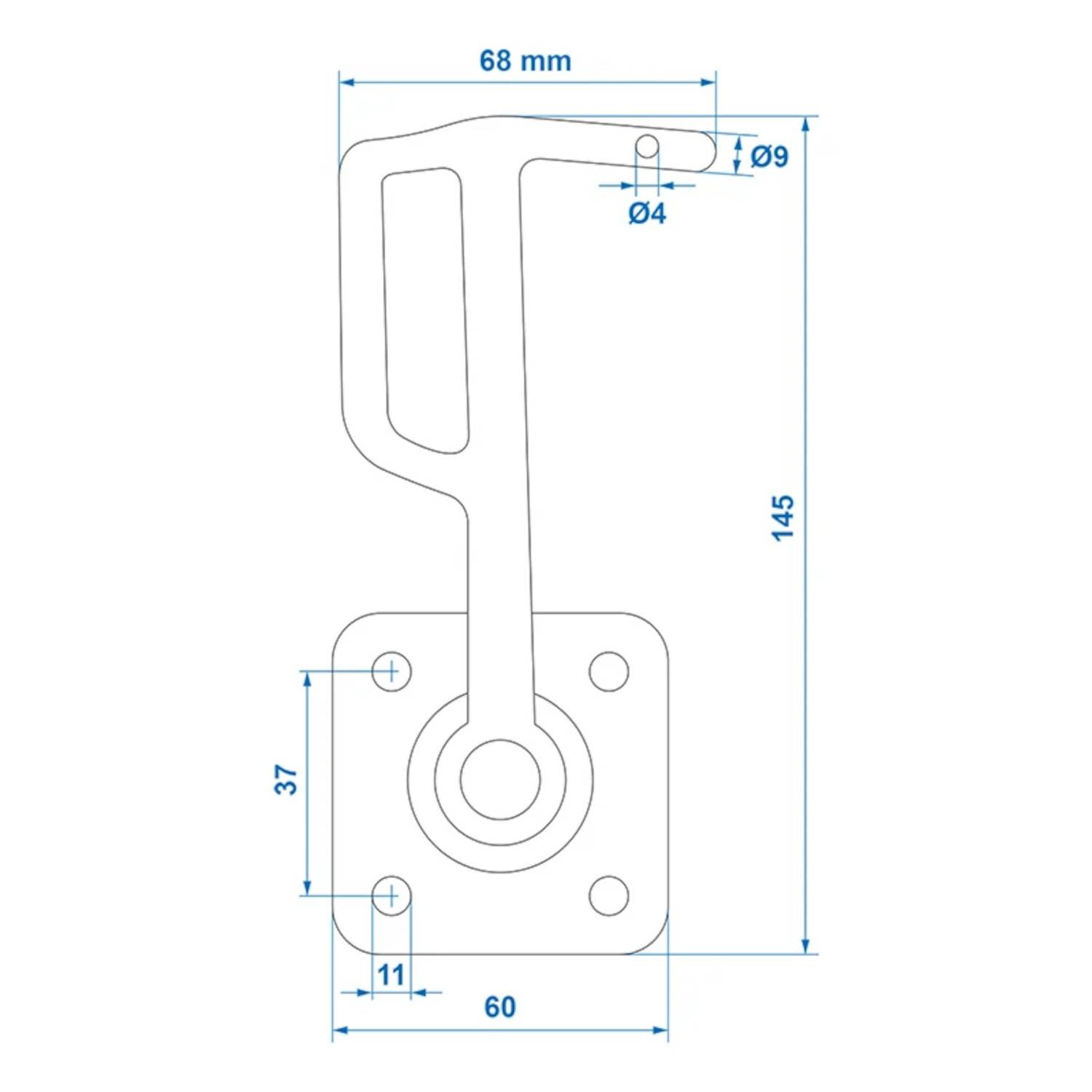 Eine technische Zeichnung einer Metallkomponente mit Maßen: 145 mm Höhe, 68 mm Breite, mit spezifischen Lochduchmessern und Positionierung.