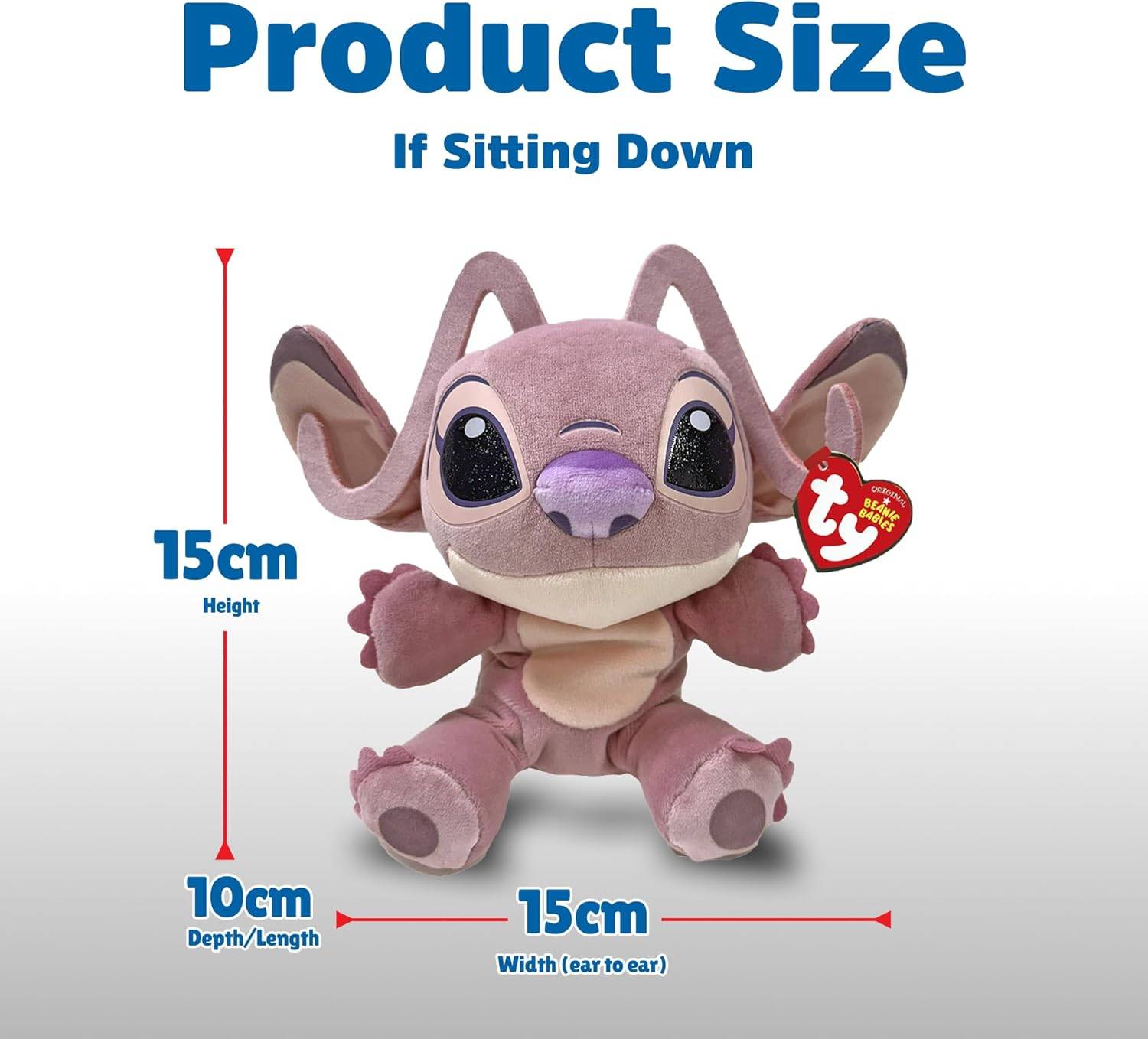 Maße für Plüschtier: 15 cm Höhe, 10 cm Tiefe/Länge, 15 cm Breite (Ohr zu Ohr).