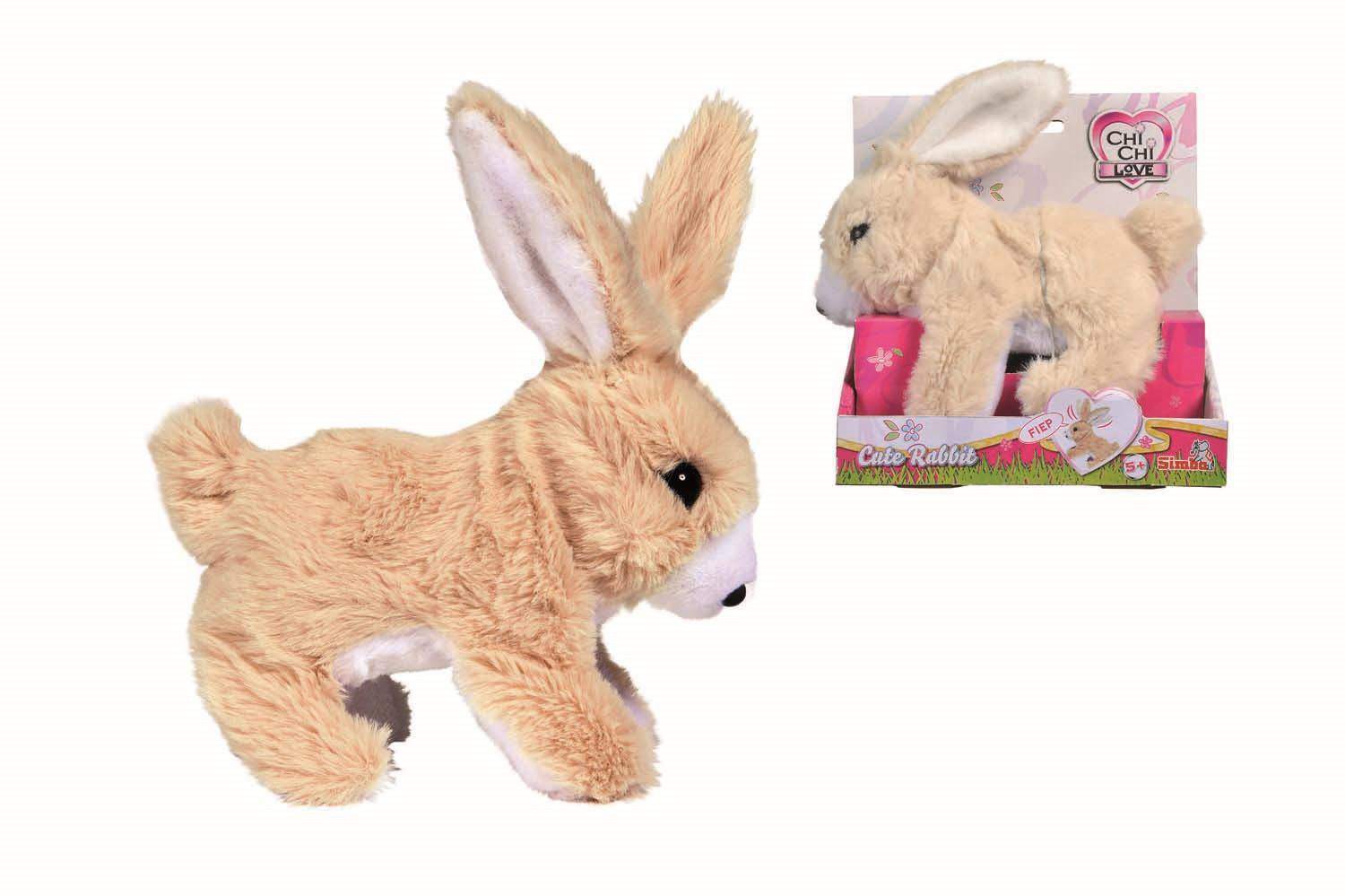 Ein weiches Spielzeugkaninchen mit beigem Fell und weißem Bauch und Ohren, in zwei Ansichten gezeigt. Die Verpackung trägt die Aufschrift „Cute Rabbit