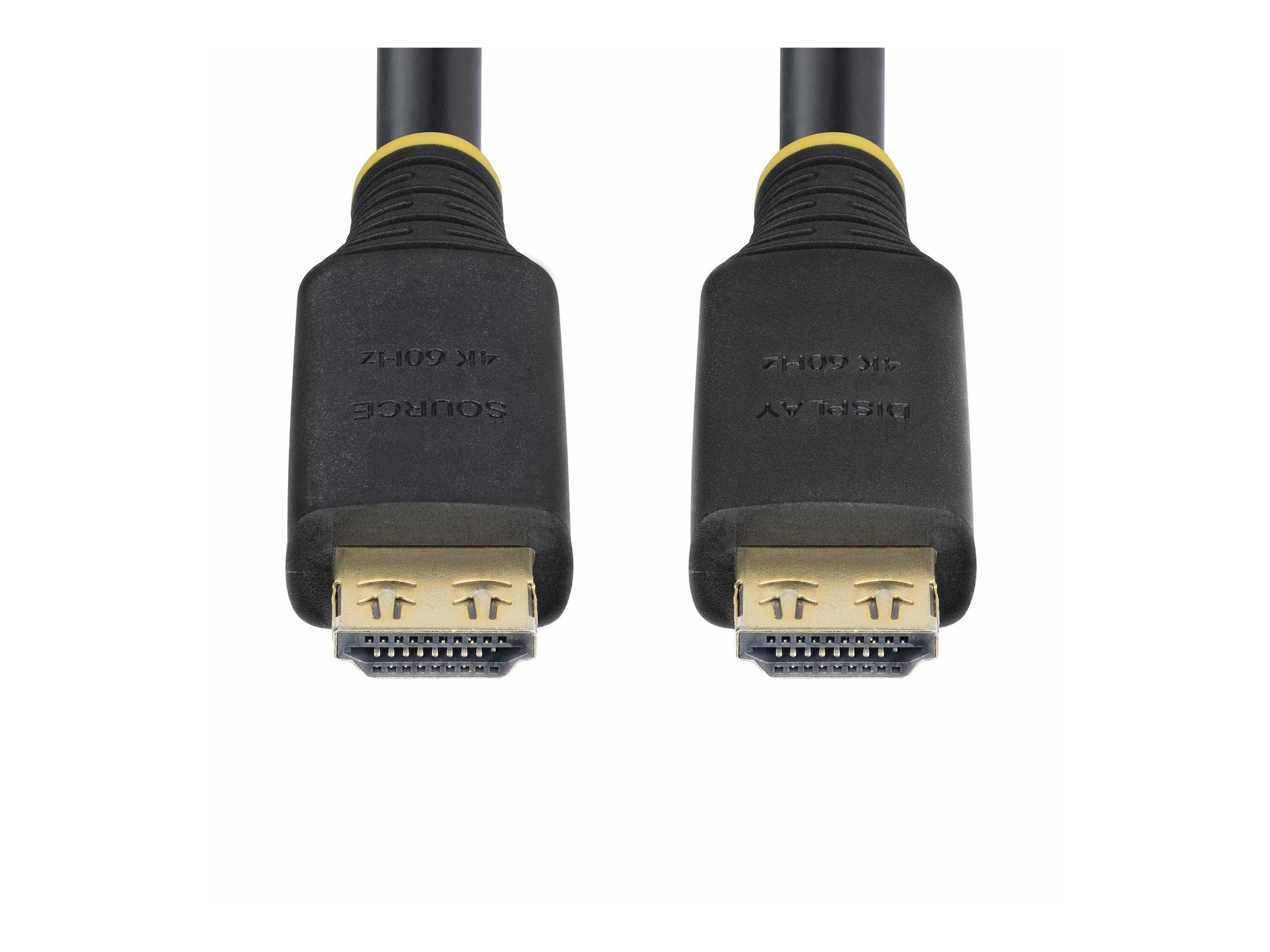 Zwei schwarze HDMI-Kabel mit vergoldeten Steckern nebeneinander auf weißem Hintergrund dargestellt.