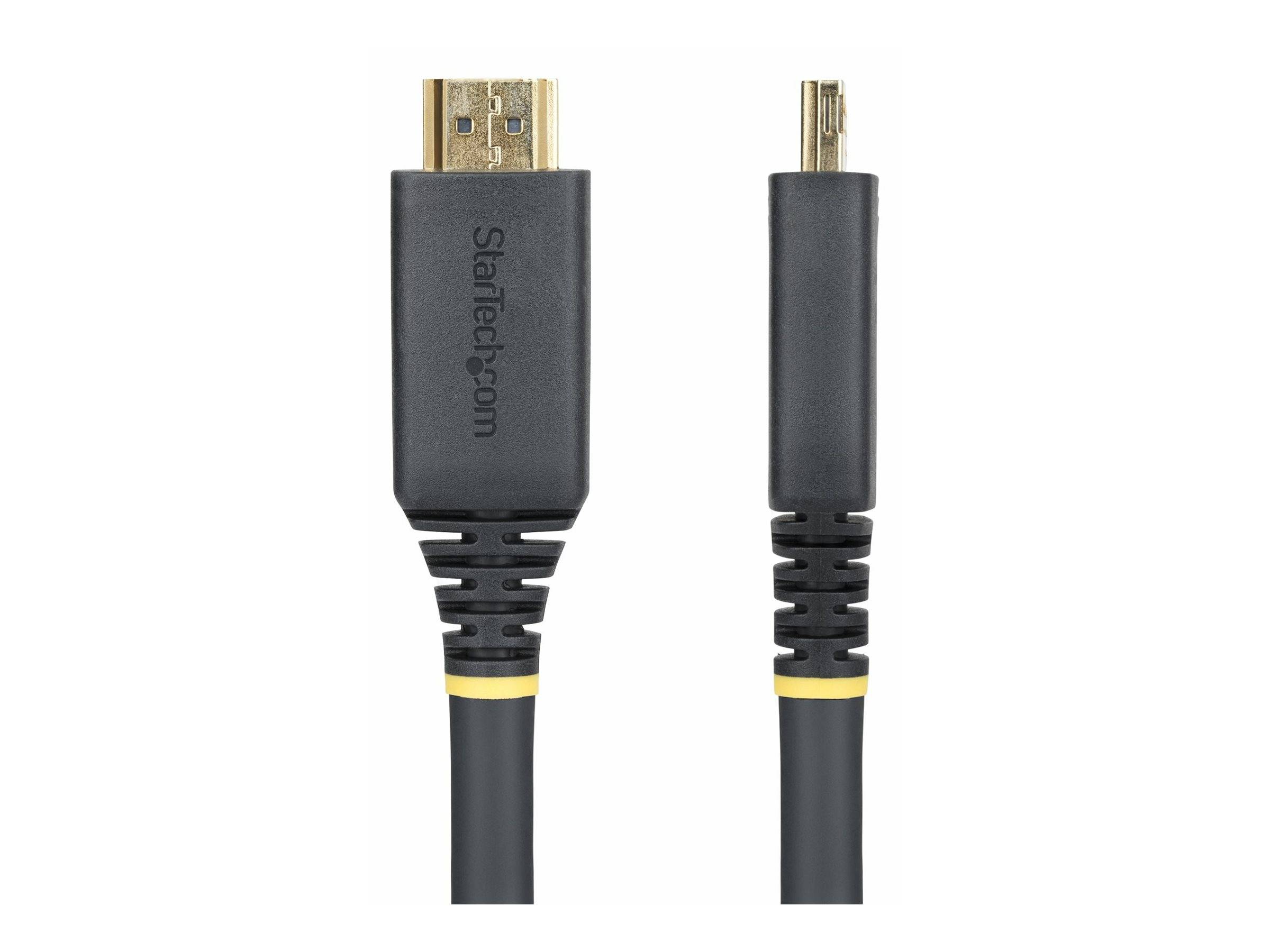 StarTech.com Kabel in Schwarz mit HDMI-Stecker auf der einen Seite und Mini-USB-Anschluss auf der anderen Seite, nebeneinander vor weißem Hintergrund dargestellt