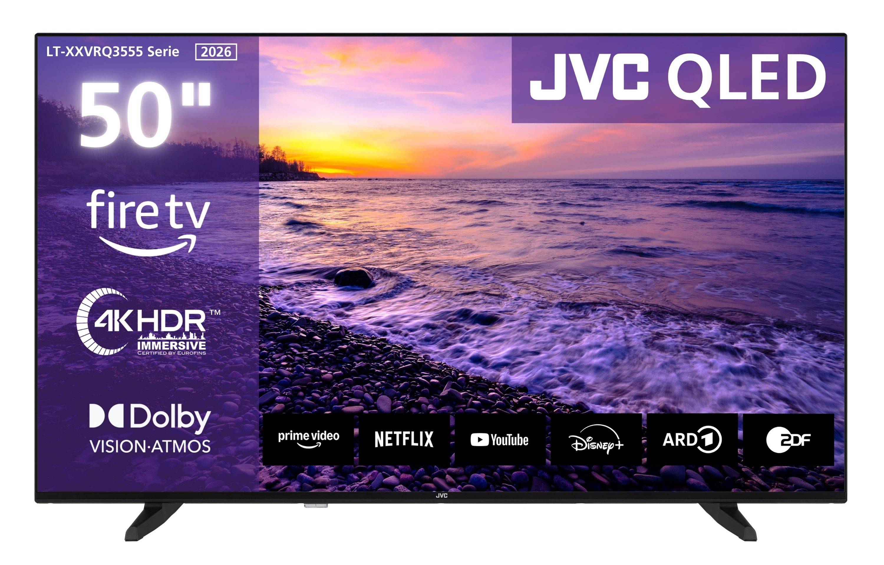 JVC Quantum 4K HDR Fernseher, 50-Zoll-Bildschirm mit einem Sonnenuntergang über einem Kieselstrand. Funktionen umfassen Dolby Vision, Prime Video, Netflix, YouTube, Disney+ und mehr.