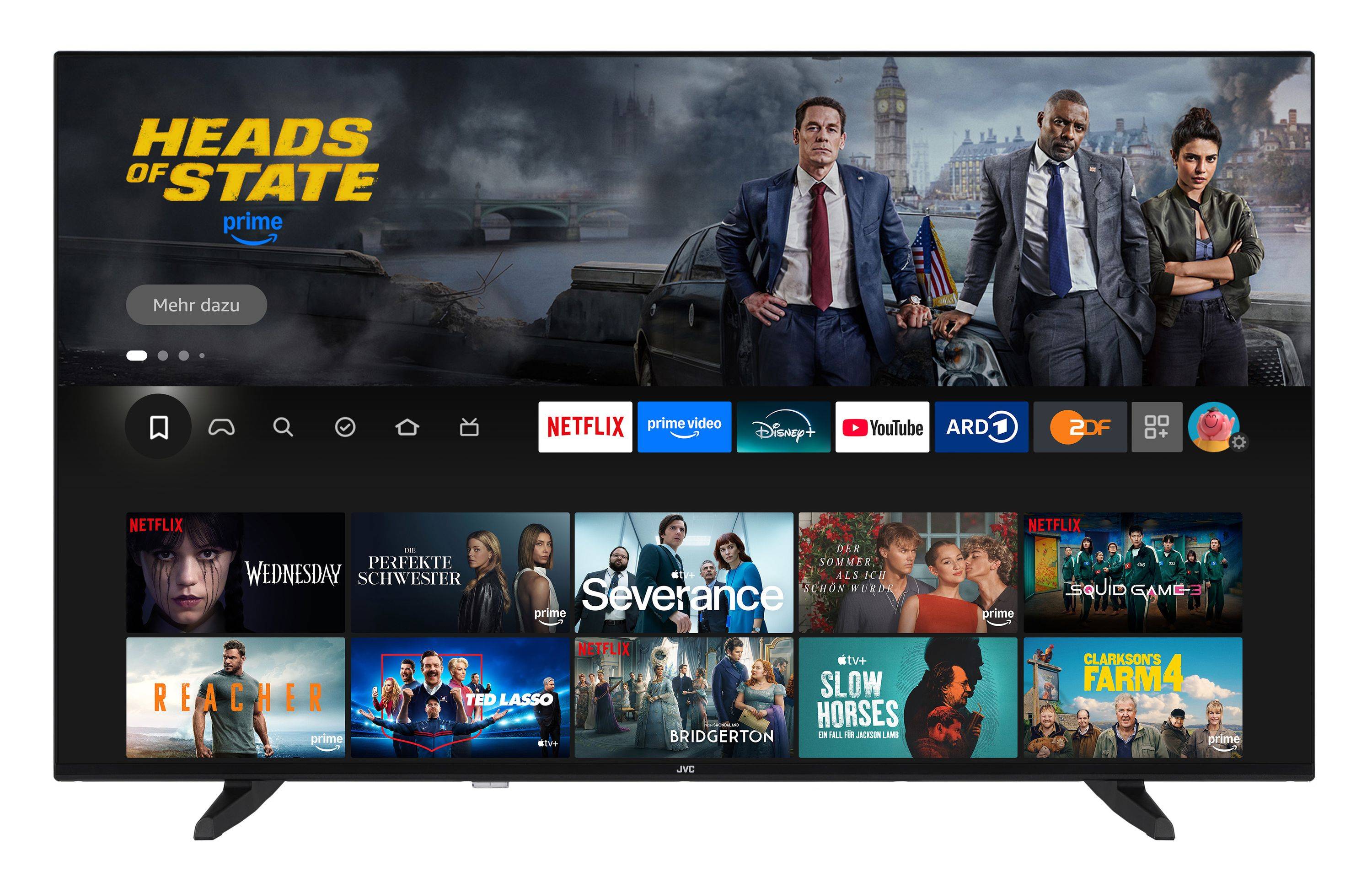 Fernsehbildschirm, auf dem Streaming-Dienste wie Netflix, Prime Video und Disney+ angezeigt werden, mit einem Filmplakat oben, das zwei Männer im Anzug zeigt.