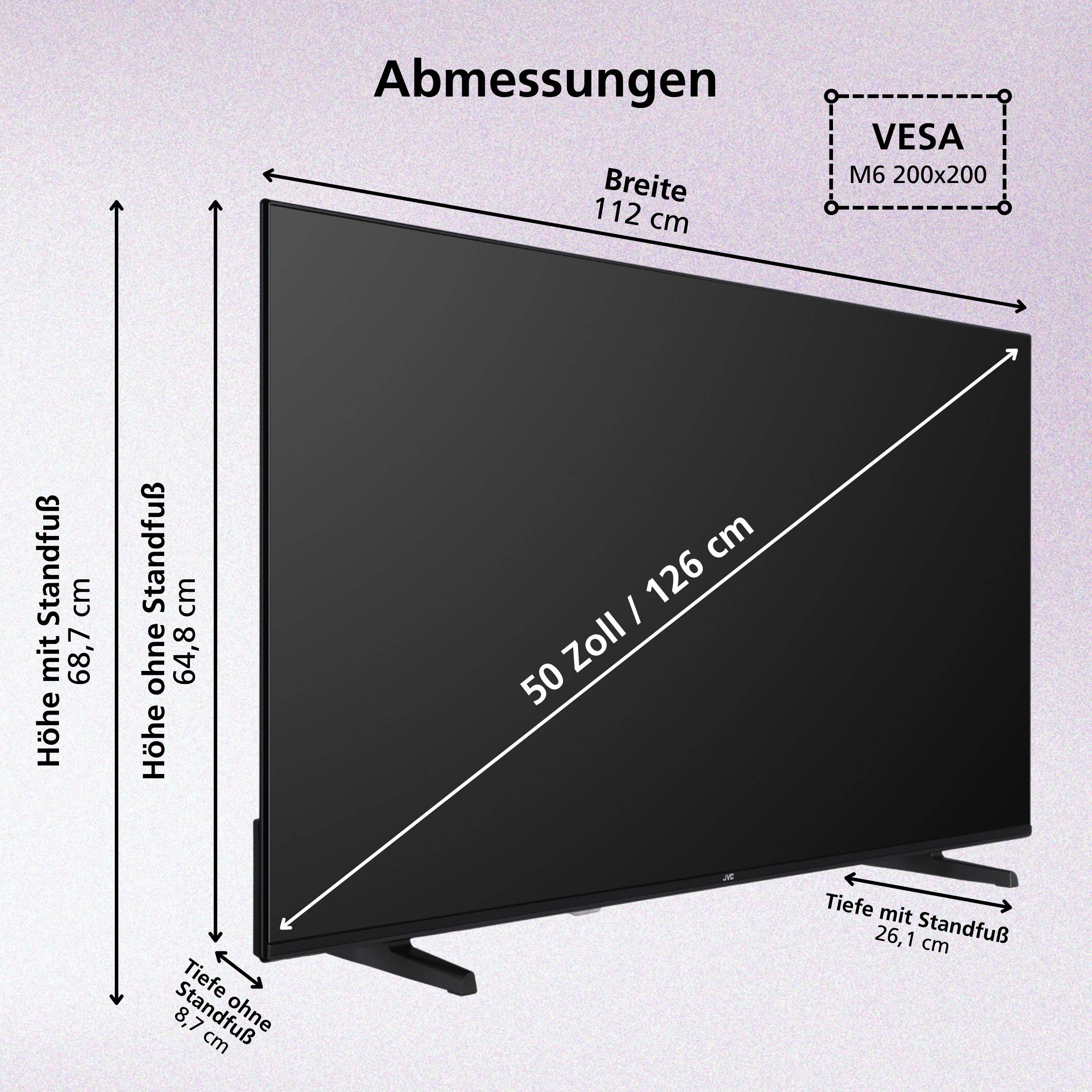 Flachbild-Fernseher mit den Abmessungen: 50 Zoll/126 cm Diagonale, 112 cm Breite, 68,7 cm Höhe mit Standfuß, 64,8 cm ohne. Tiefe 25,6 cm.