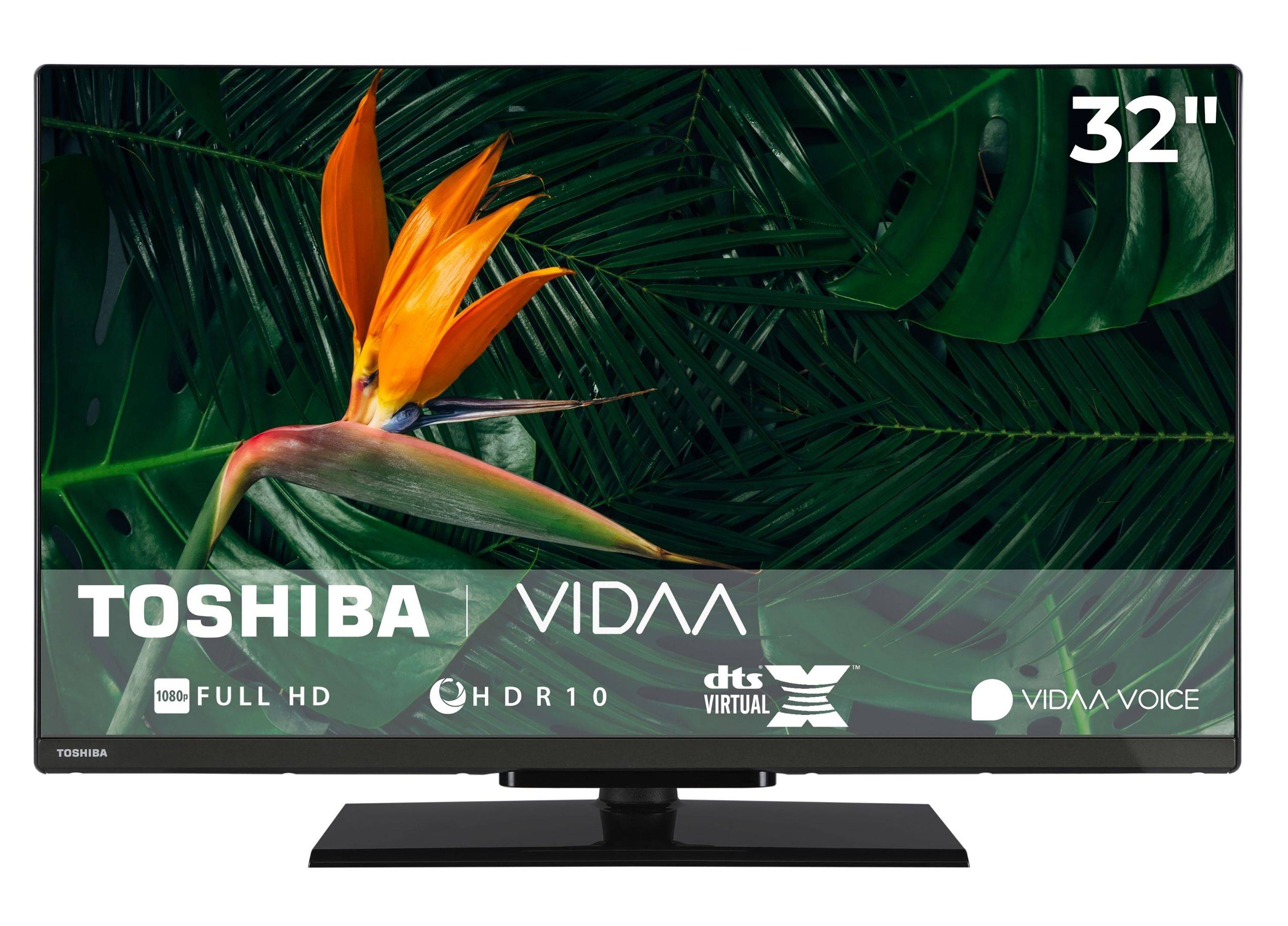 Ein Flachbildfernseher zeigt leuchtende tropische Blätter und eine orange Strelitzie. Markenlogos sind unter dem Bildschirm sichtbar.