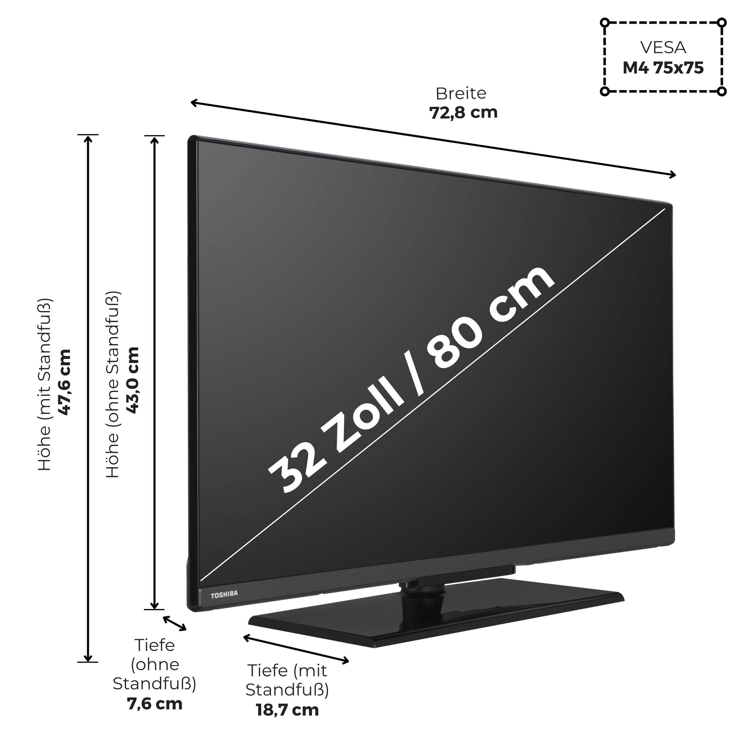 Flachbildfernseher Bildschirmdiagonale '32 Zoll / 80 cm', mit Abmessungen: Breite 72,8 cm, Höhe 47,5 cm (mit Standfuß), und Tiefe 18,7 cm.