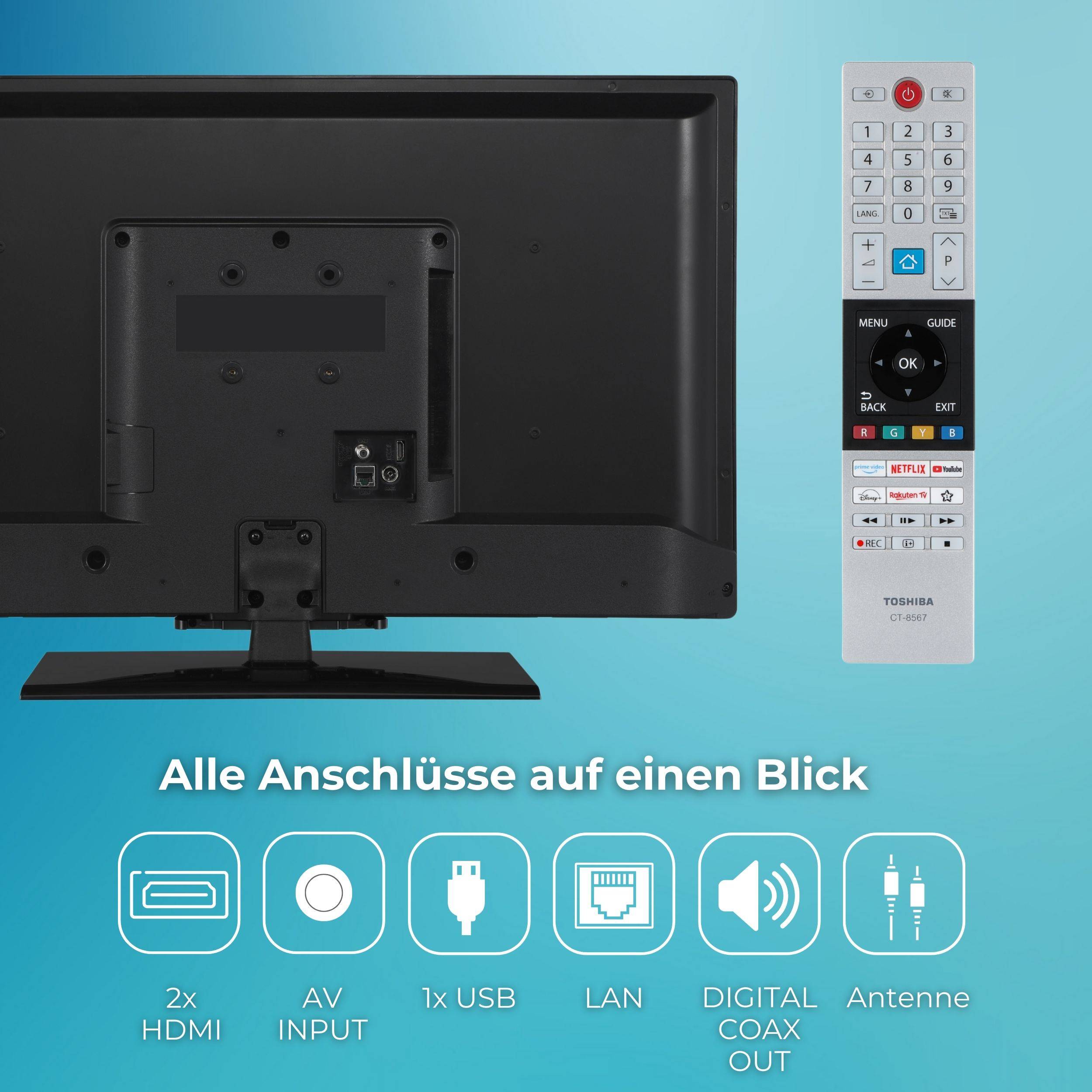 Rückansicht eines Fernsehers und einer Fernbedienung auf blauem Hintergrund. Der Text lautet „Alle Anschlüsse auf einen Blick