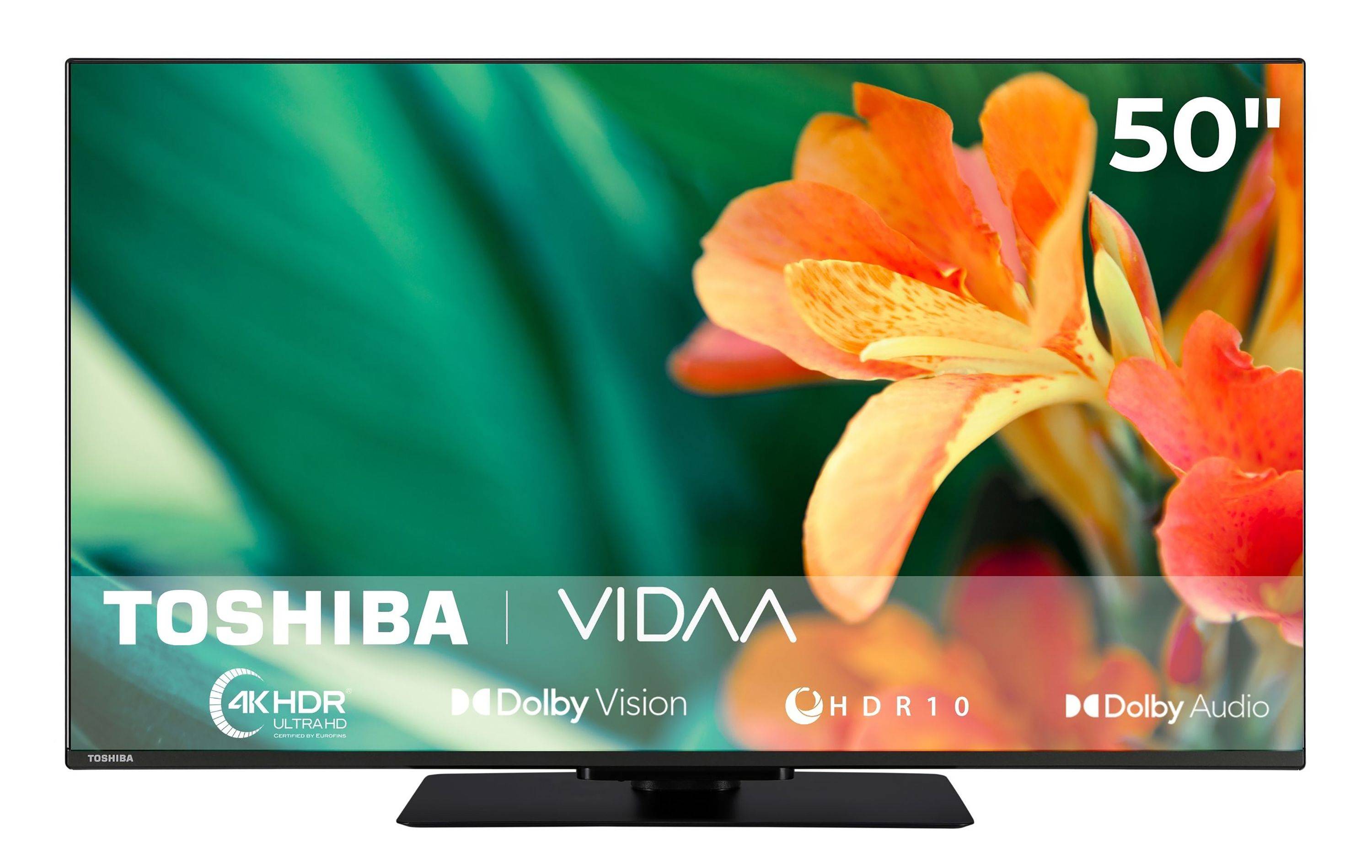 Ein schwarzer Toshiba-Fernseher, der eine orange Blume auf dem Bildschirm anzeigt, mit den Markenlogos „Toshiba
