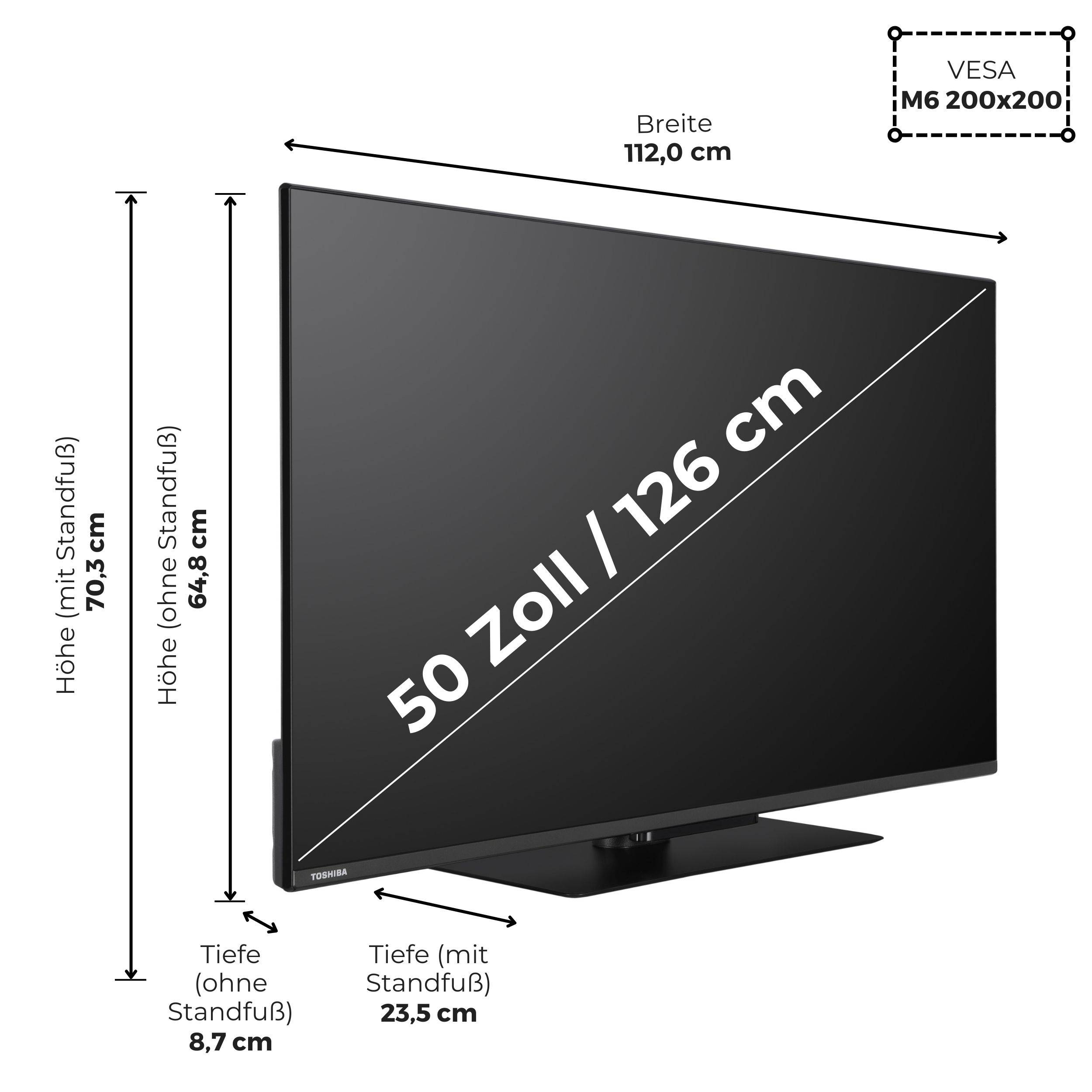 Ein Flachbildfernseher mit 50 Zoll Diagonale, Abmessungen mit Standfuß: Höhe 70,3 cm und Breite 112 cm. VESA-Halterung 200x200.