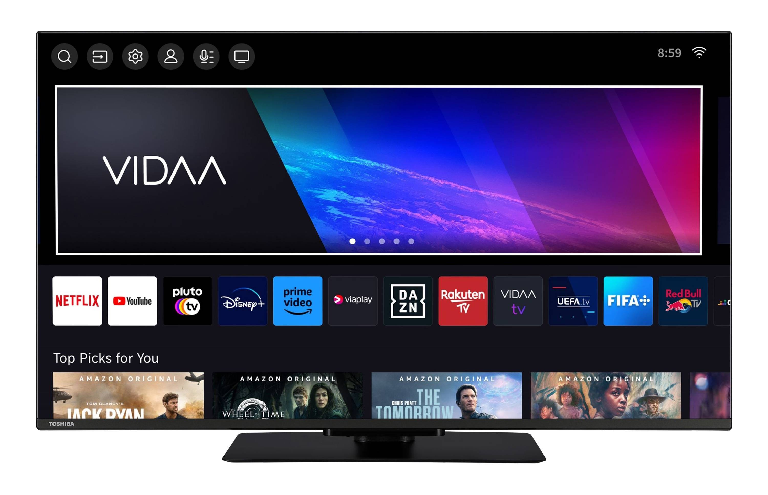 Smart-TV-Oberfläche, die verschiedene Streaming-App-Symbole wie Pluto TV, Disney+, Prime Video, Viaplay und weitere unter einem farbenfrohen Bildschirm anzeigt.