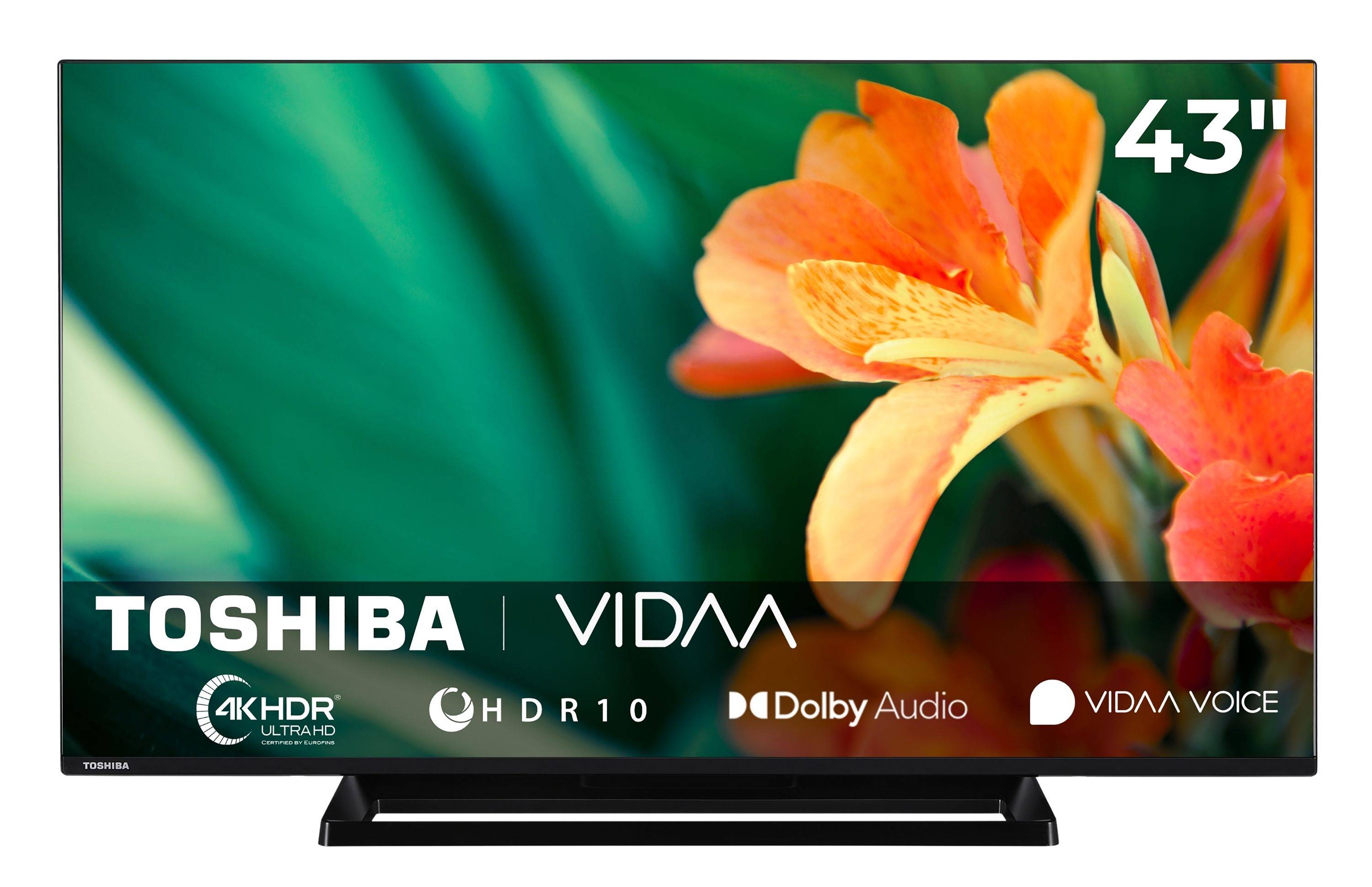 Ein Widescreen-Fernseher zeigt eine leuchtende Nahaufnahme einer orangefarbenen Blume; das Branding umfasst 