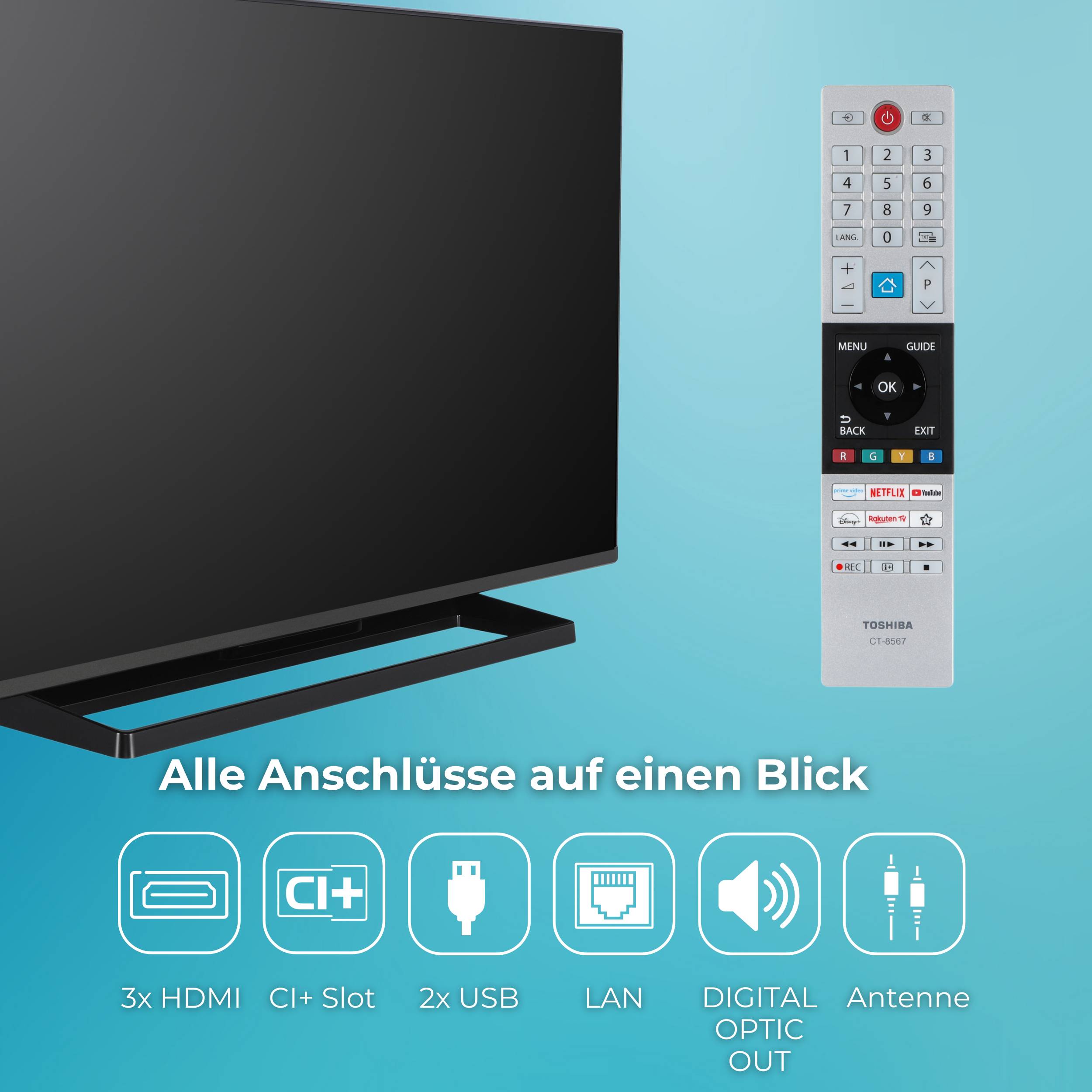Fernseher mit Abmessungen: 43 Zoll; Höhe 60,2 cm (mit Standfuß), Breite 96,5 cm und Tiefe 24,9 cm (mit Standfuß). VESA 100x100.