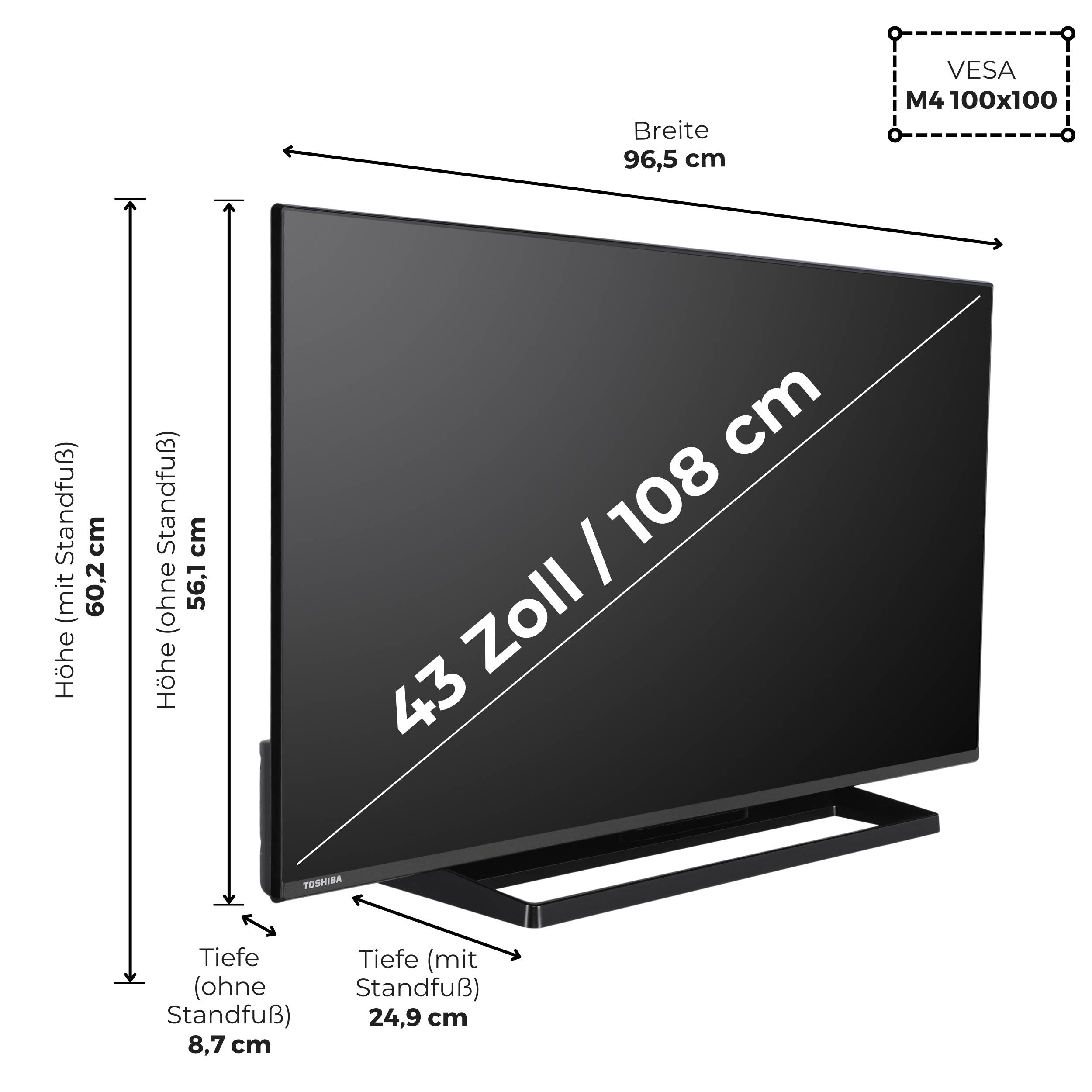 Toshiba 43UV3363DA Fernseher 43 Zoll Smart TV, VIDAA 4K UHD, HDR, integrierter Triple-Tuner, LED TV