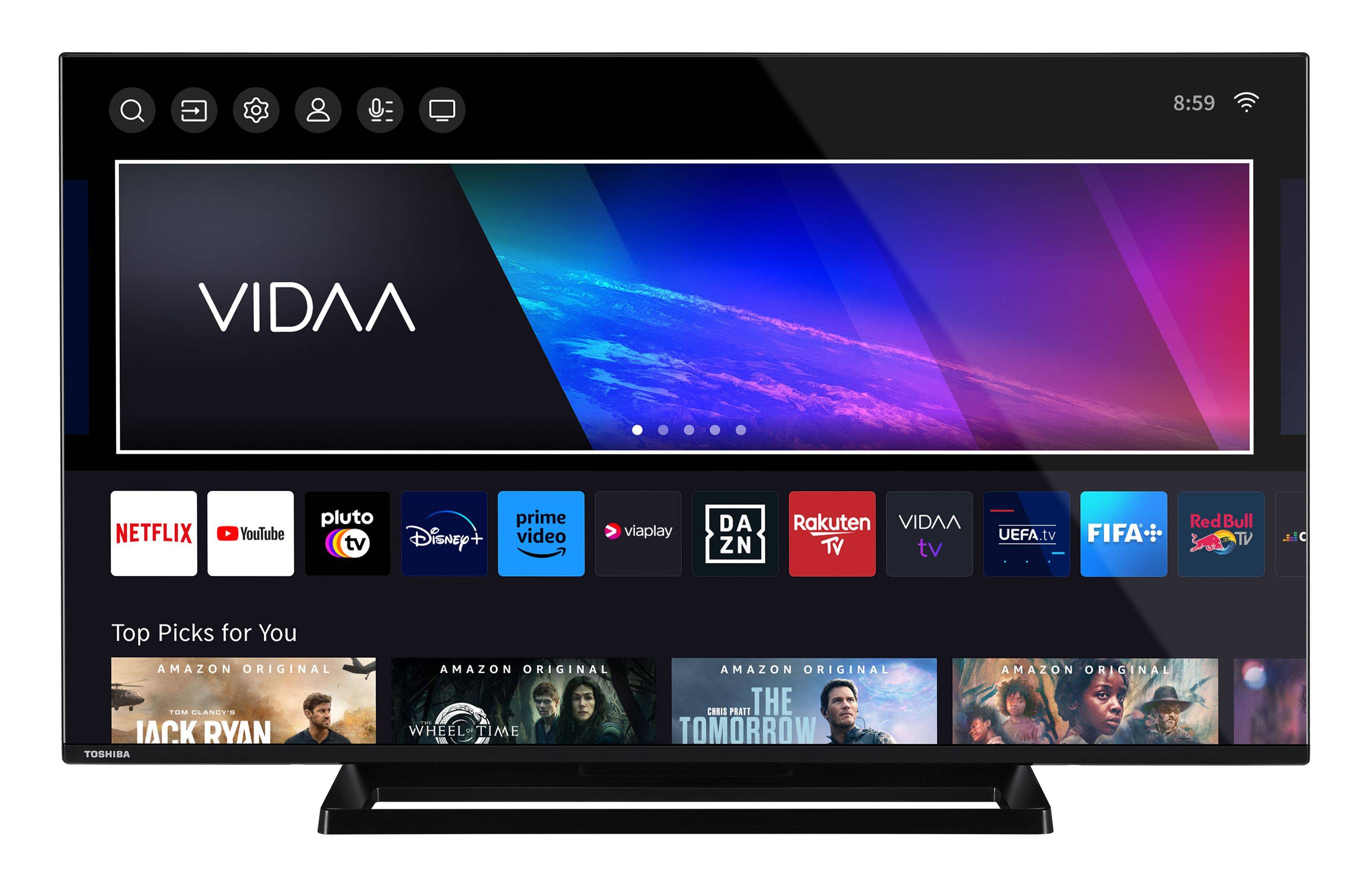 Eine intelligente TV-Benutzeroberfläche zeigt verschiedene Streaming-App-Symbole wie Disney+, Prime Video und Netflix neben einem 