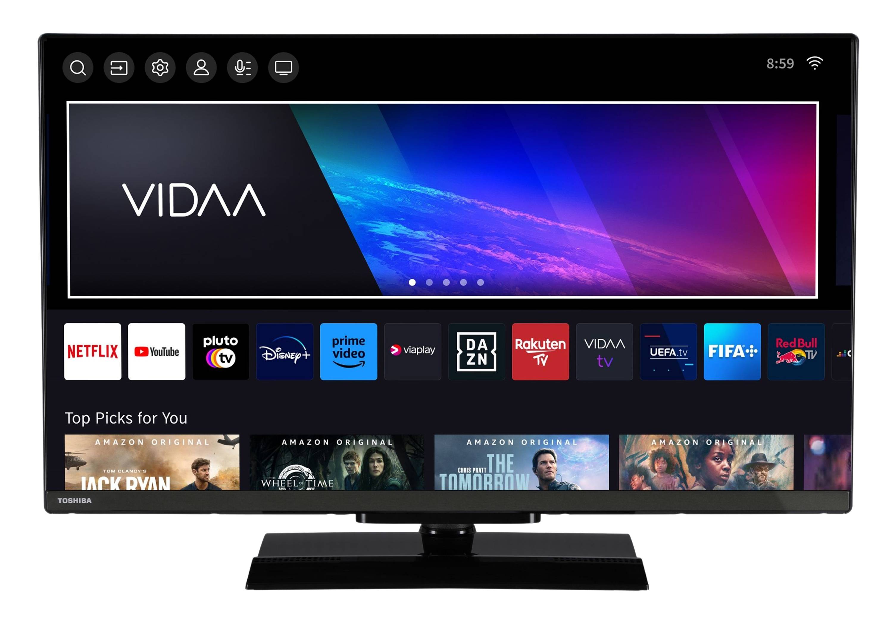 Ein Fernsehbildschirm zeigt die Benutzeroberfläche eines Smart-TV-Betriebssystems an. Verschiedene Symbole von Streaming-Diensten sind zu sehen, wie Pluto TV und Prime Video.