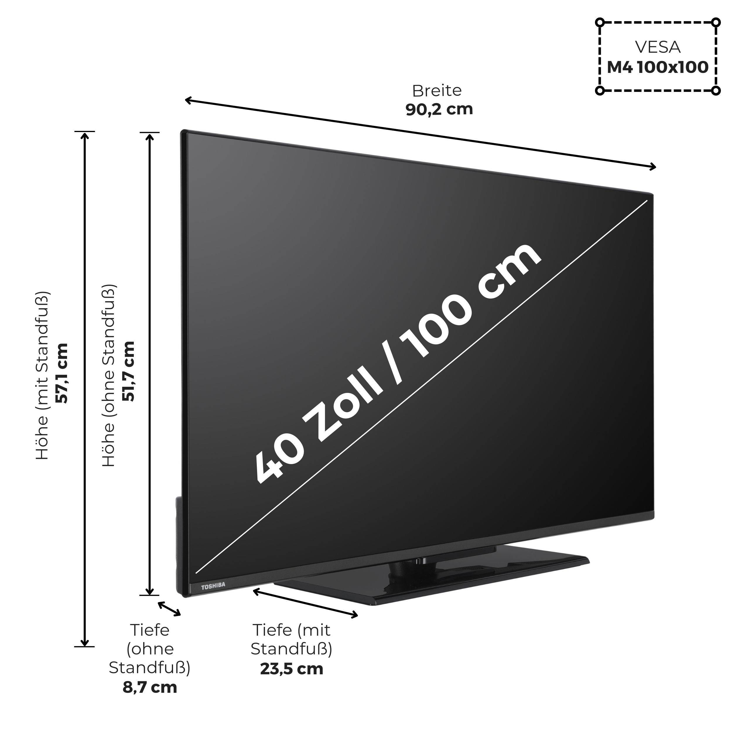Flachbildfernseher mit beschrifteten Abmessungen: Diagonale „40 Zoll / 100 cm