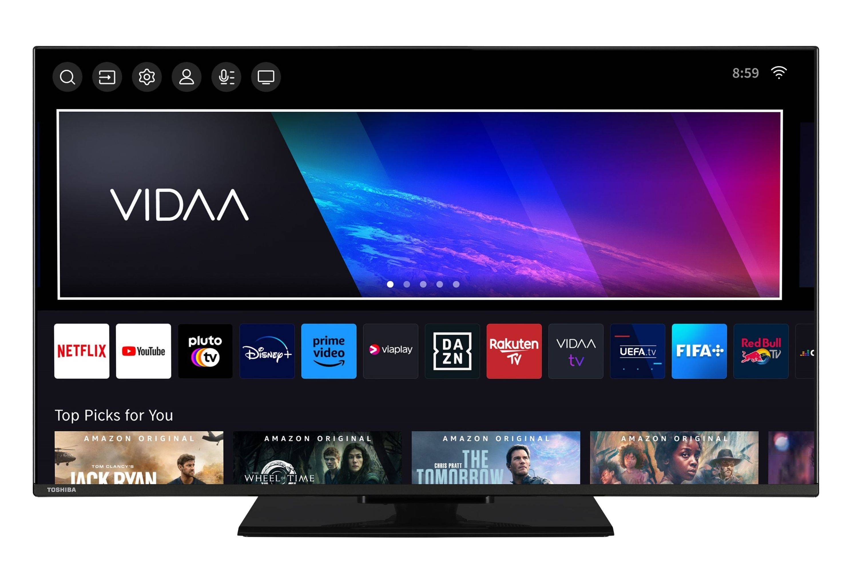 Ein intelligenter Fernseh-Bildschirm, auf dem verschiedene Streaming-App-Symbole wie Disney+, Prime Video und Rakuten TV auf einem farbenfrohen Hintergrund angezeigt werden.