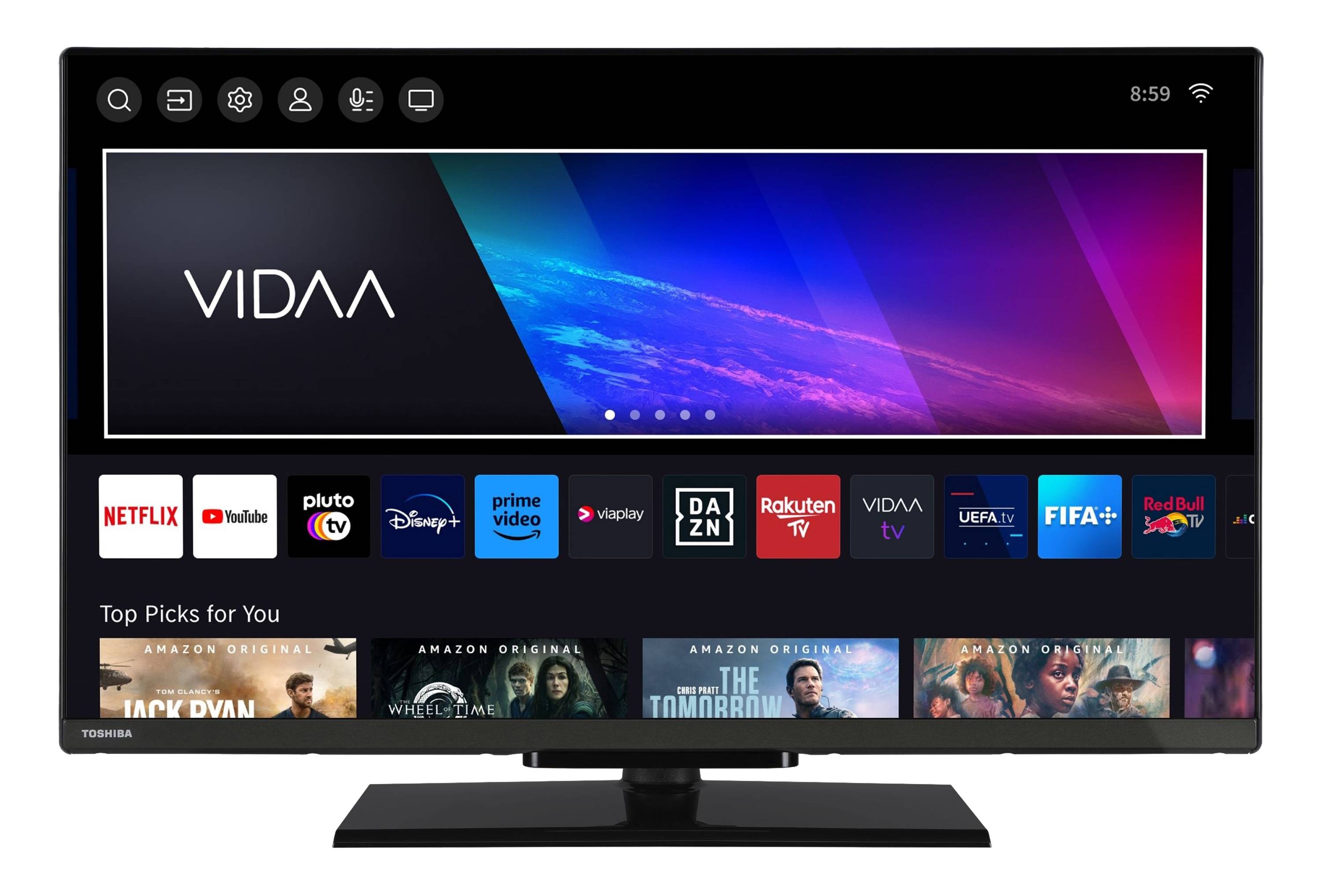 Ein Smart-TV-Bildschirm zeigt Streaming-Apps: Pluto TV, Disney+, Prime Video, Rakuten TV, Viaplay, UEFA.tv, FIFA+ und weitere.