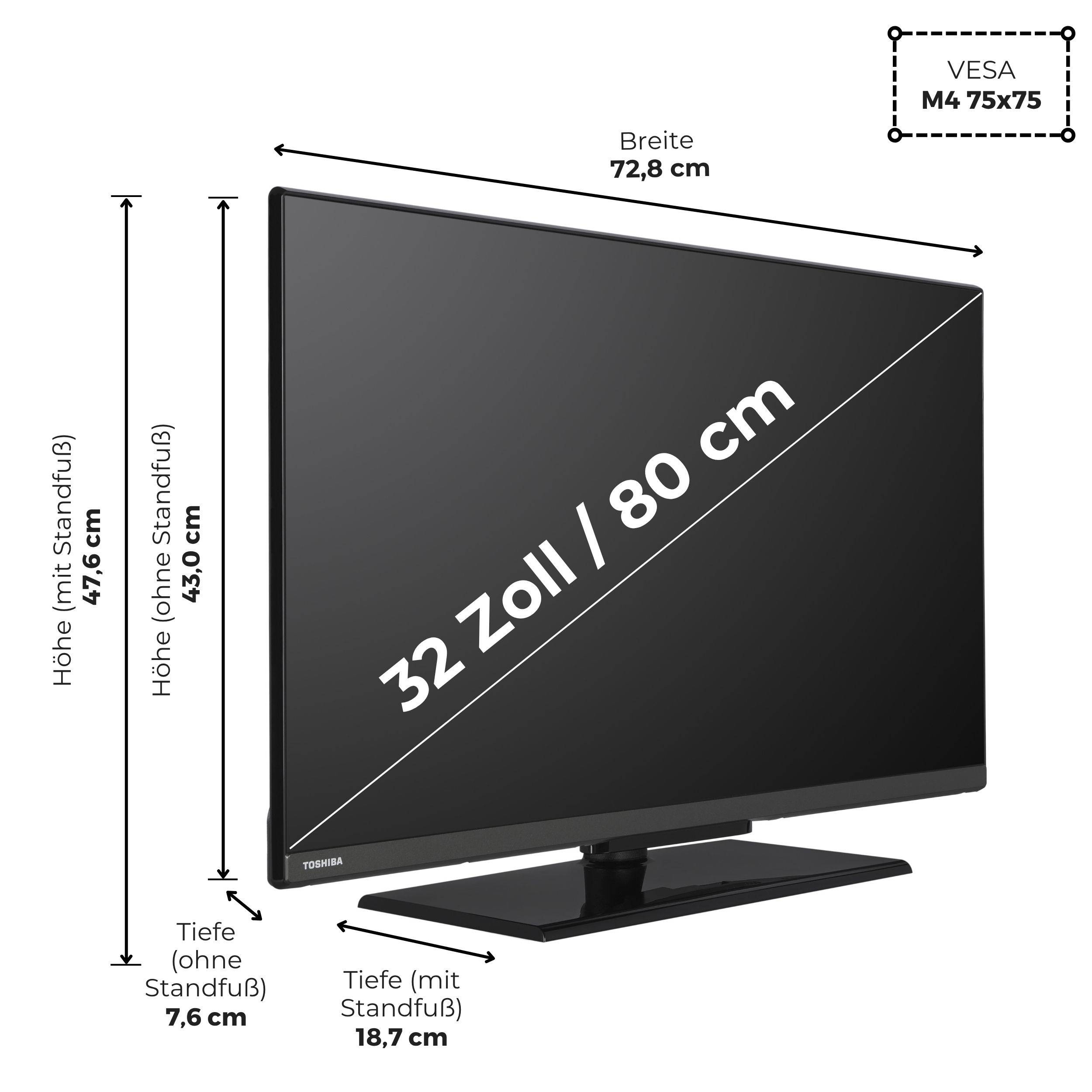 Ein 32-Zoll-Toshiba-Fernseher mit gekennzeichneten Abmessungen: Breite 72,8 cm, Höhe 49,5 cm mit Ständer, 43 cm ohne. Tiefe 18,7 cm mit Ständer, 7,6 cm ohne.