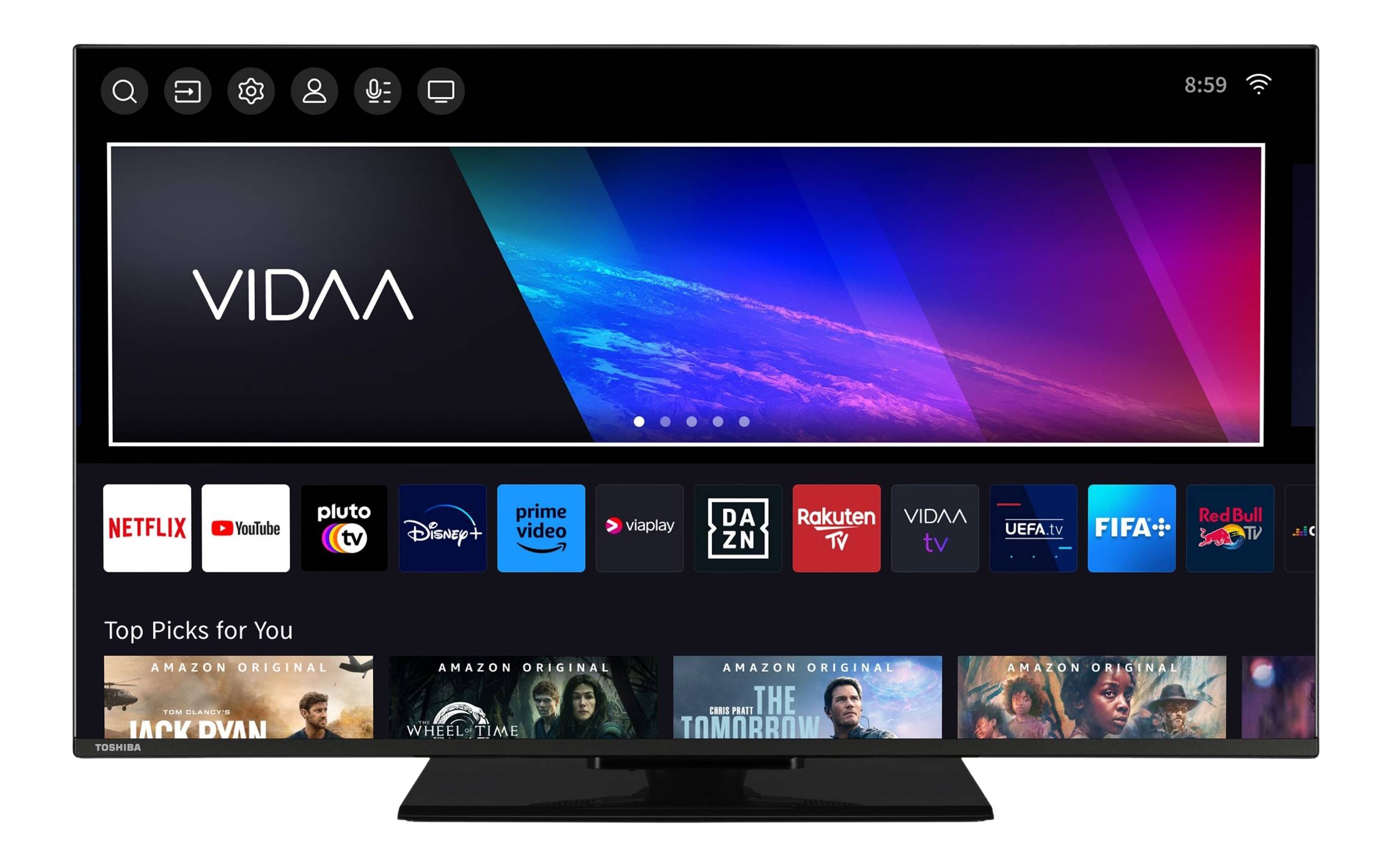 Eine Smart-TV-Oberfläche, die verschiedene Streaming-Apps wie Disney+, Prime Video und Netflix zeigt, vor einem farbenfrohen Hintergrund.