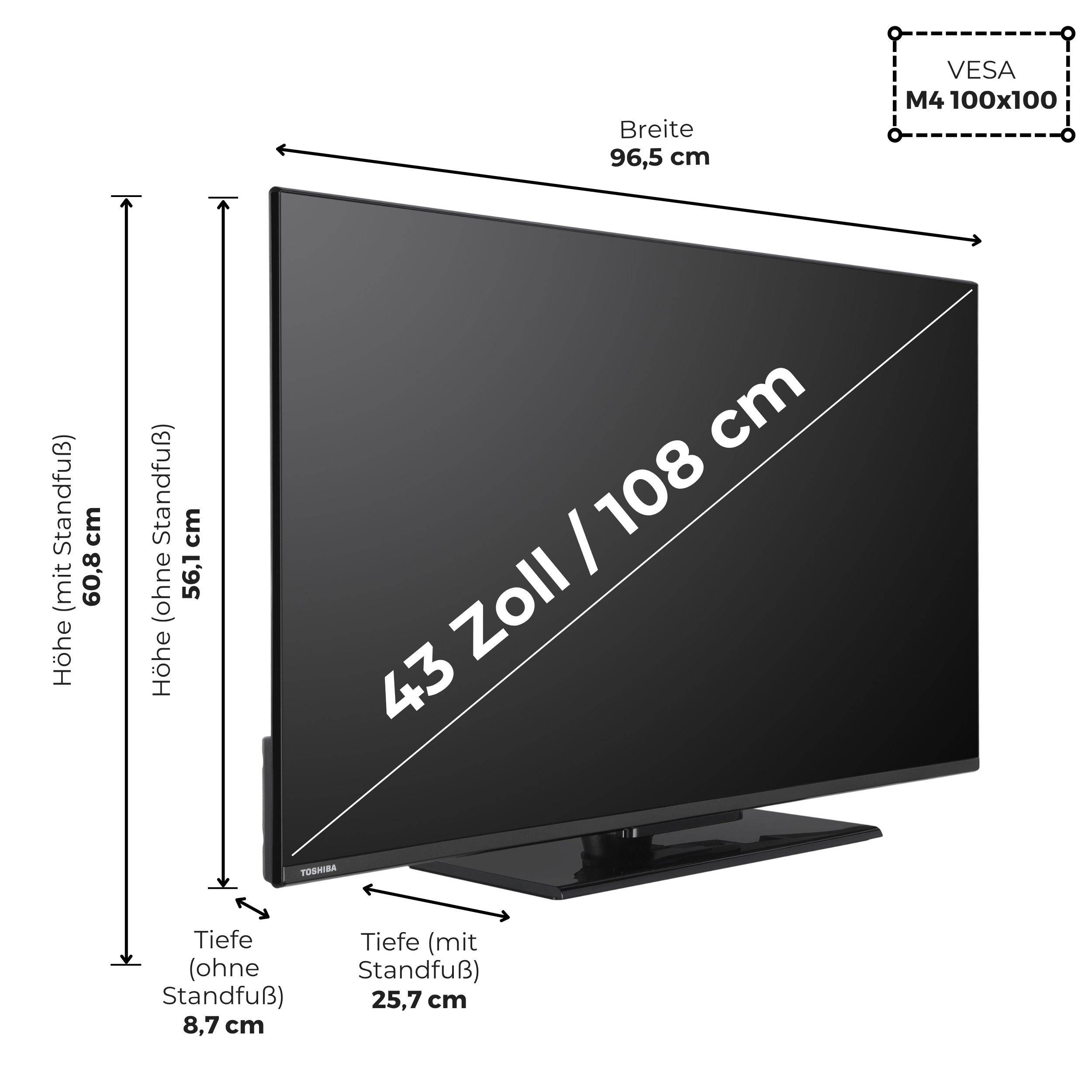 Das Bild zeigt einen Flachbildfernseher mit folgenden Abmessungen: Breite 96,5 cm, Höhe mit Ständer 60,8 cm, Höhe ohne Ständer 56,1 cm, Tiefe mit Ständer 25,7 cm und Tiefe ohne 8,7 cm. Die Bildschirmdiagonale beträgt 43 Zoll (108 cm).