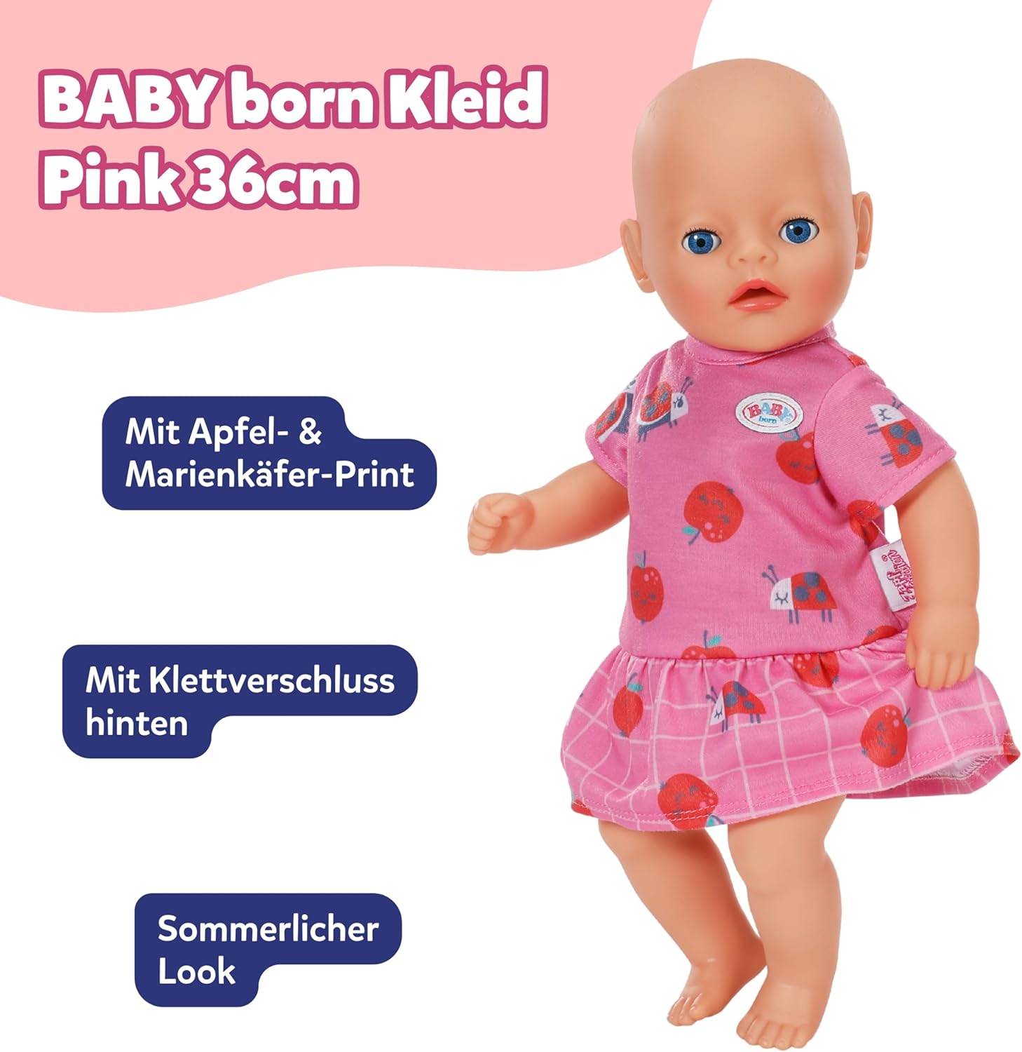 Eine Puppe, die ein rosa Kleid mit Apfel- und Marienkäfer-Muster trägt, mit der Bezeichnung „BABY born Kleid Rosa 36cm.