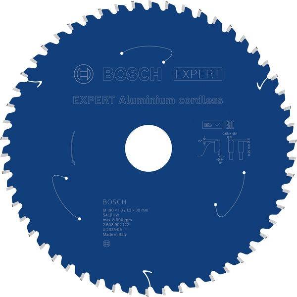 Blaues Bosch Expert Aluminium-Akku-Kreissägeblatt mit zentralem Loch und aufgedruckten Produktspezifikationen.